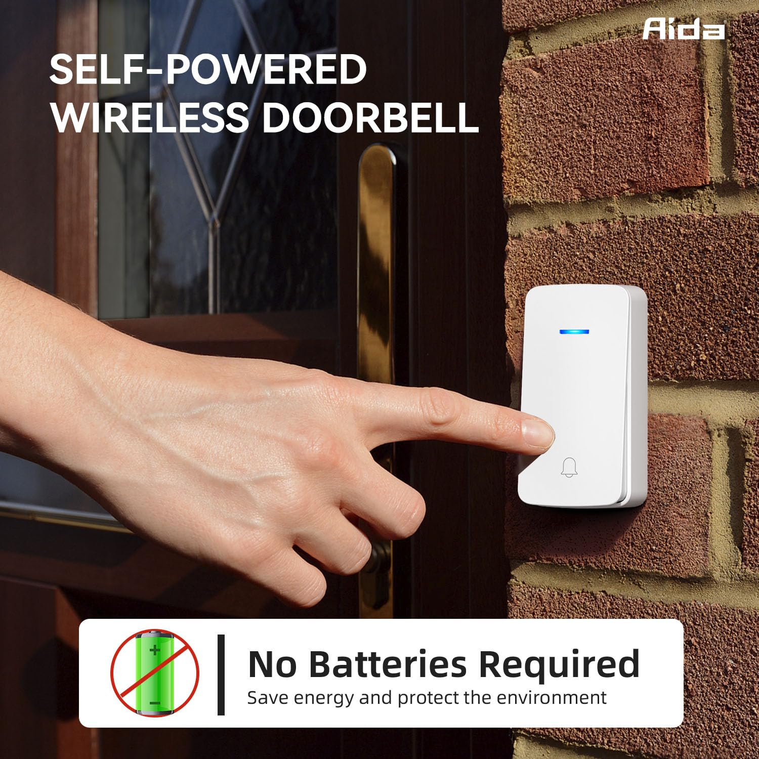 Aida Wireless Doorbell, Self Powered Doorbell With Extra Socket, No Battery Required Push Button, Cordless Door Bell Ringer, 5 V