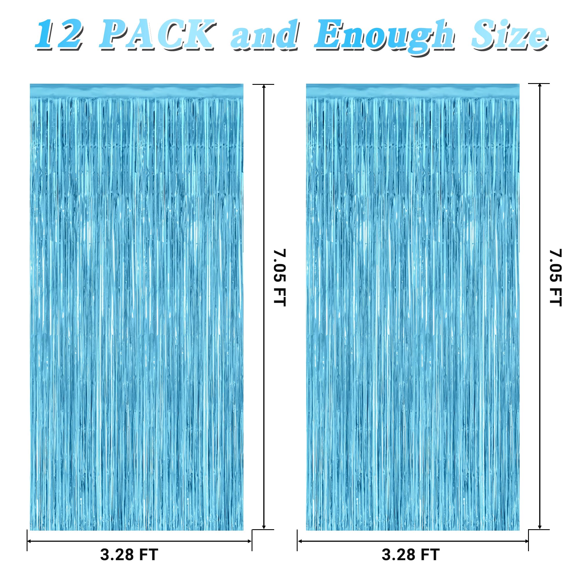 12 Pack Party Decorations, 3.28 Ft X 7.05 Ft Sky Blue Curtains, Metallic Party Streamers Photo Booth Backdrop Foil Fringe Curtai