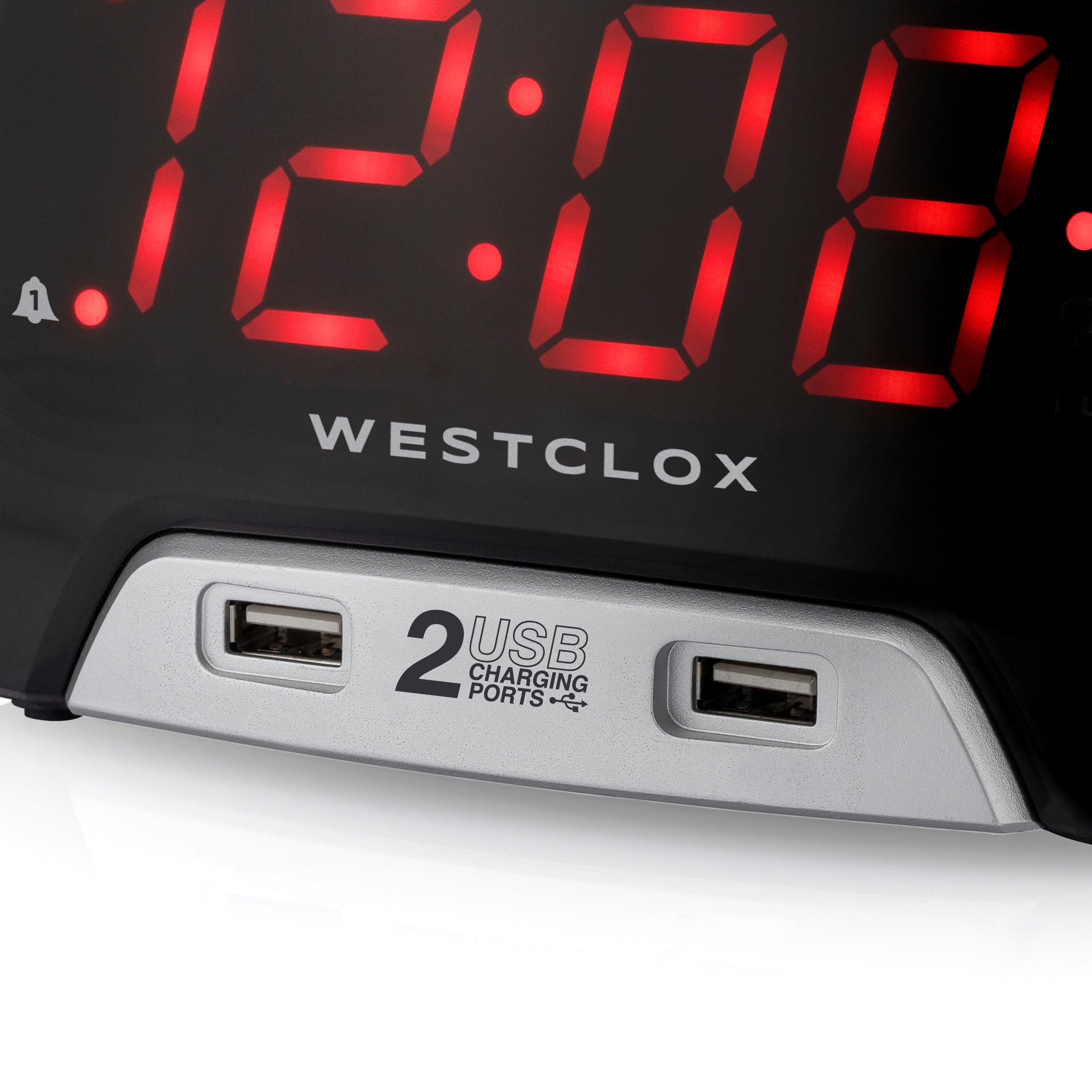 Westclox Large 1.4� Red Led Digital Fm Clock Radio With Dual Usb A & C Charging Ports, Adjustable Brightness, Dual Alarms & Sleep Timer � Modern Alarm Clock For Bedroom, Home, Or Office (Black)