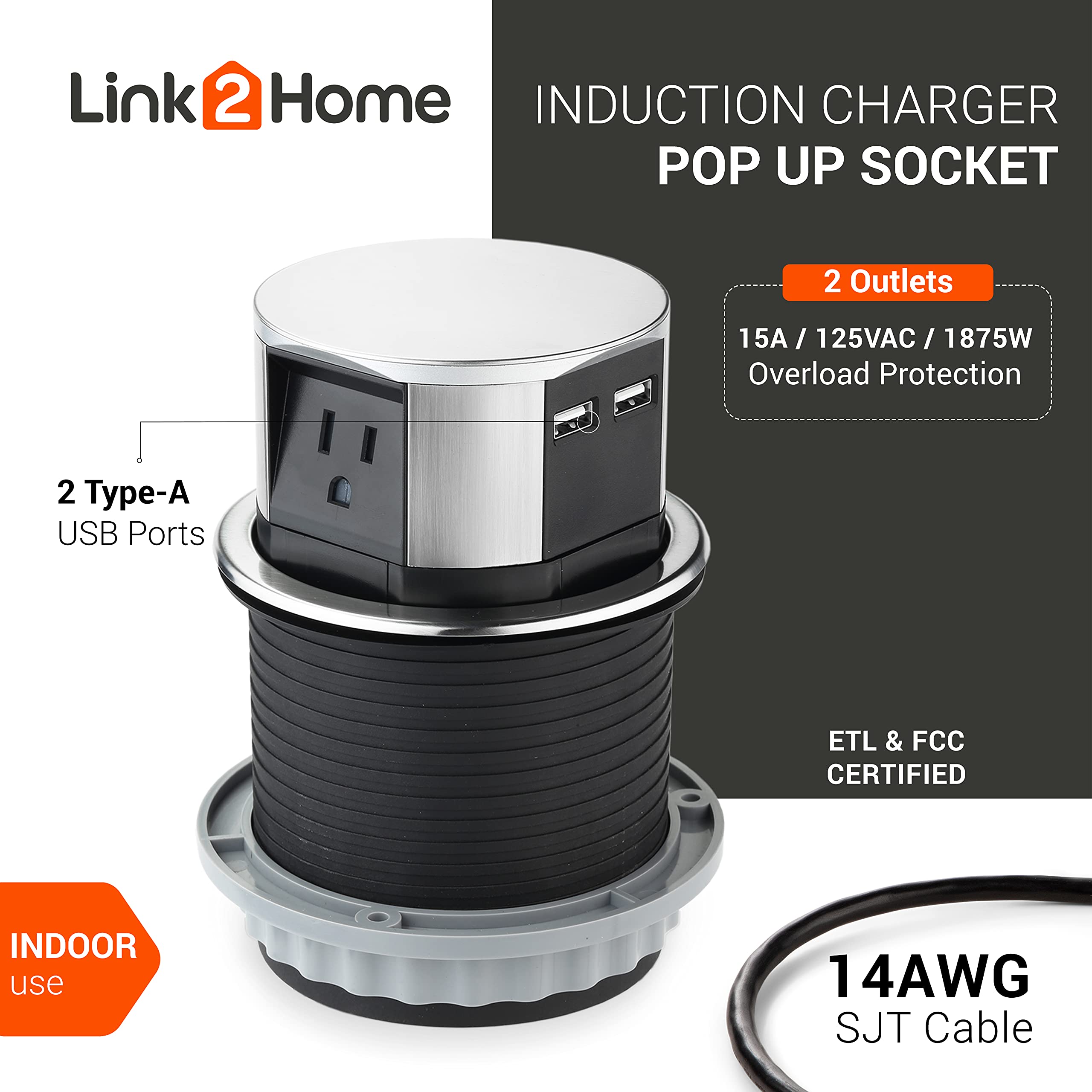 Link 2 Home Space Saver Pop Up Outlet With Usb, 3 Power Outlets 15A, 2 Usb Ports 2.4A Fast Charge, Splash Resistant, Stainless S
