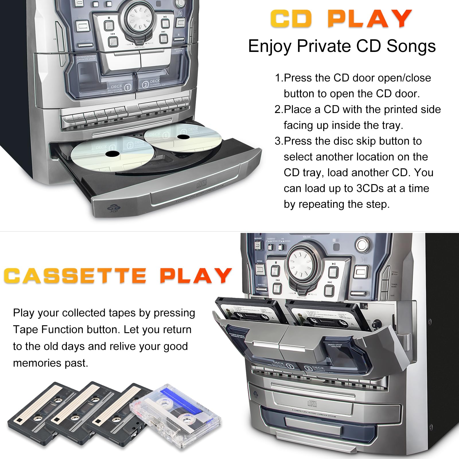 Hongut Bluetooth Vinyl Stereo Record Player, 3-Speed Stereo Turntable Cd Player Music System With Dual Cassette Deck, Digital Al