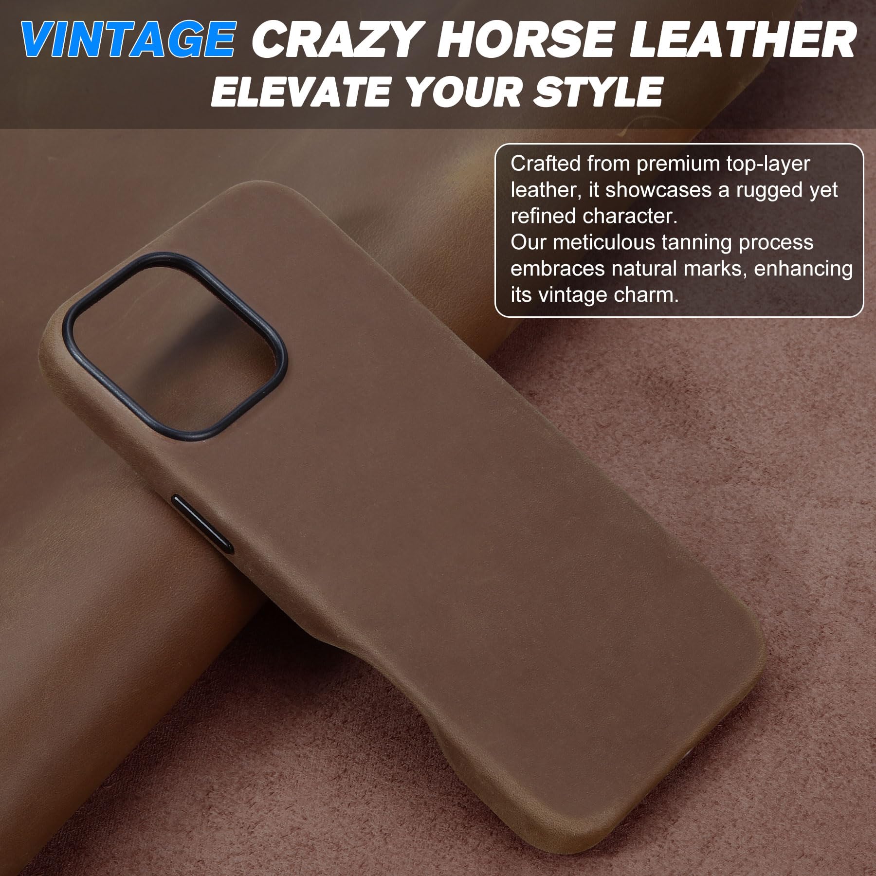 Shieldon Case For Iphone 16 Pro 6.3'', Top Grain Crazy Horse Leather Magnetic Wireless Charging Anti-Scratch Non-Slip Protective