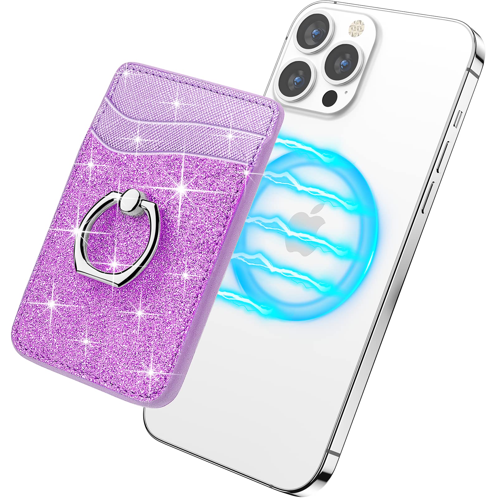 Gospire Magsafe Wallet With Ring For Iphone 15/14/13/12 Series, Magsafe Wallet Glitter With Credit Card Rfid Blocking & 360   Ro
