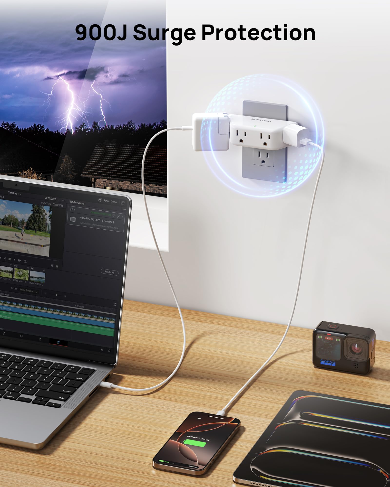 Trond Outlet Extender Surge Protector   Multi Plug Wall Outlet With 4 Grounded Sockets, 3 Way Angled Plug Adapter, 900J, Electri