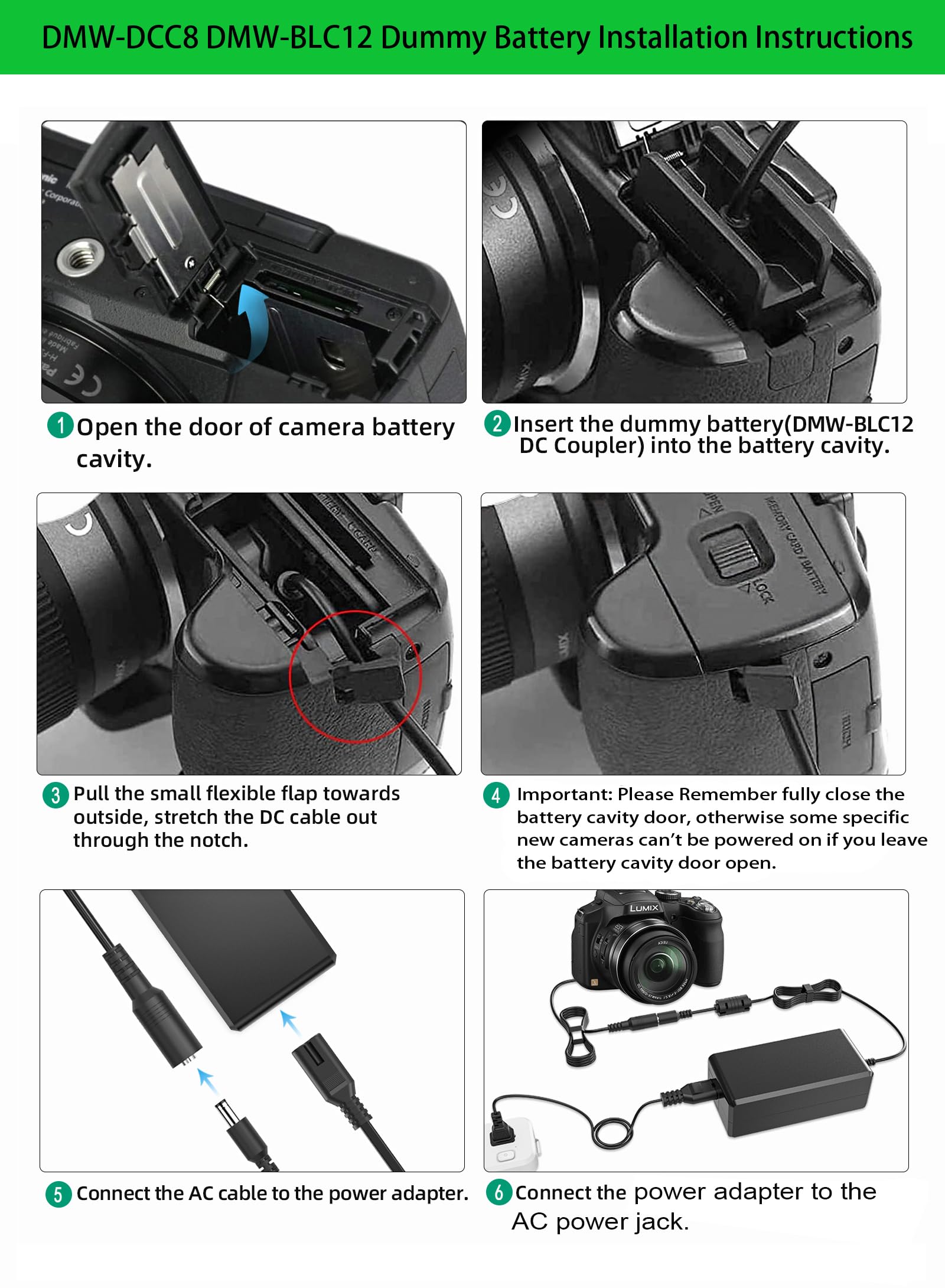 Gonine Dmw Dcc8 Dmw Ac8 Camera Ac Power Suply Adapter Dummy Battery Charger Kit (Dmw Blc12 Battery Replacement) For Panasonic Dmc Fz200 Dmc Fz1000 Dmc Gh2 Dmc G5 Dmc G6 Dmc G7 Lumix Gx8 G85.