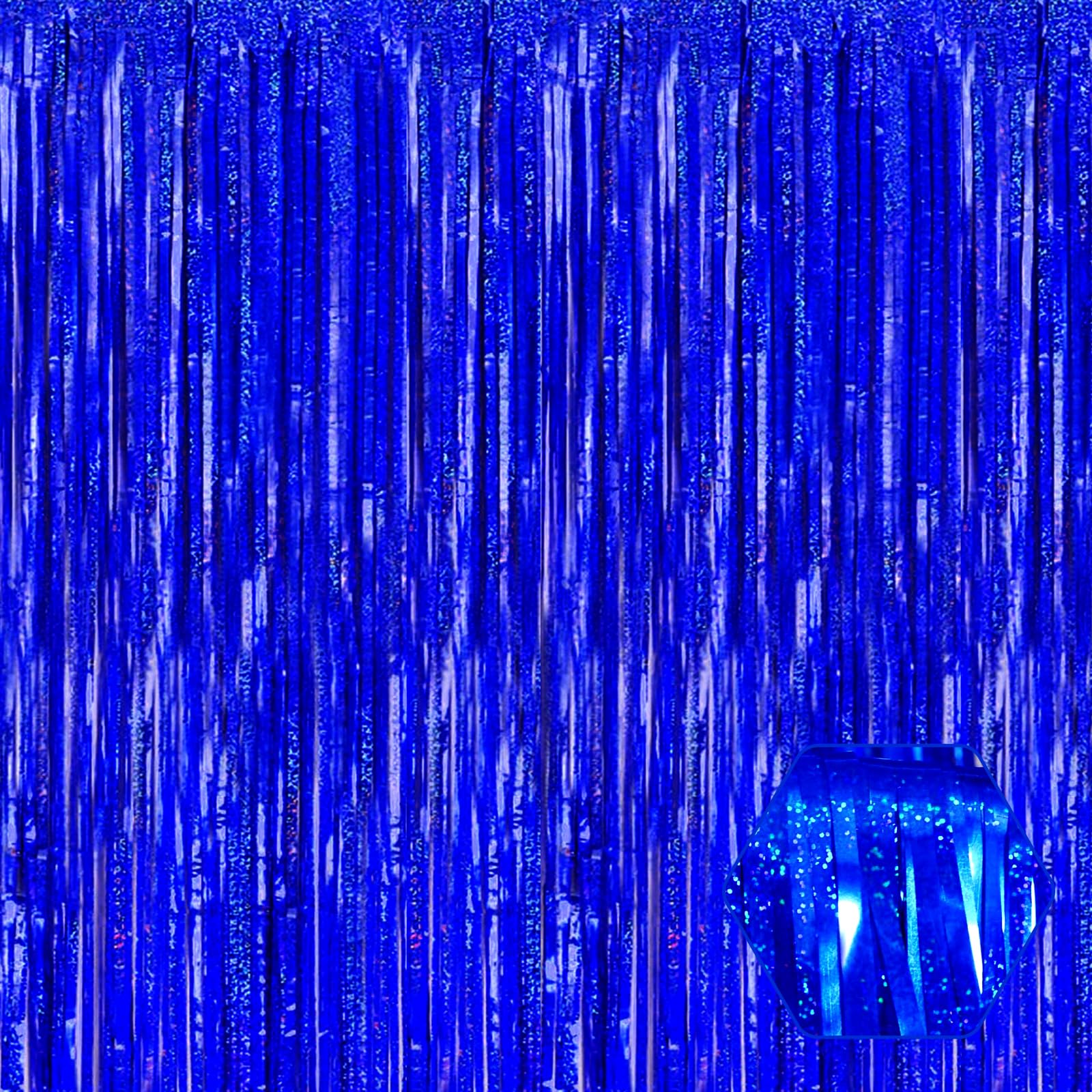 3 Pack Blue Foil Fringe Curtain Backdrop, 3.28Ft X 8.2Ft Metallic Tinsel Foil Fringe Streamer Curtains For Photo Booth, Valentin
