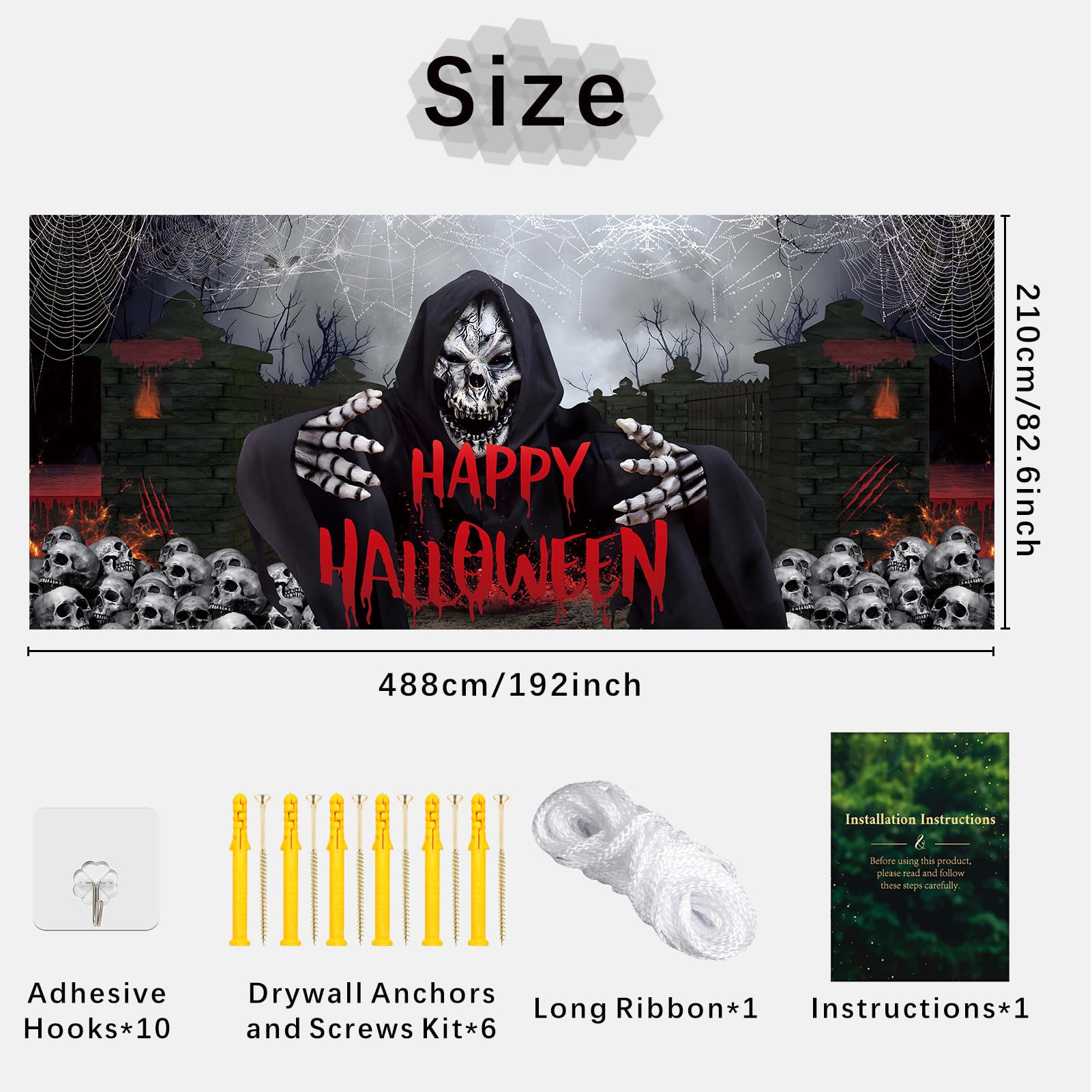 Vlipoeasn Halloween Garage Door Decorations, 7X16 Ft Halloween Garage Door Cover Banner, Skull Ghosts Halloween Outdoor Party Ph