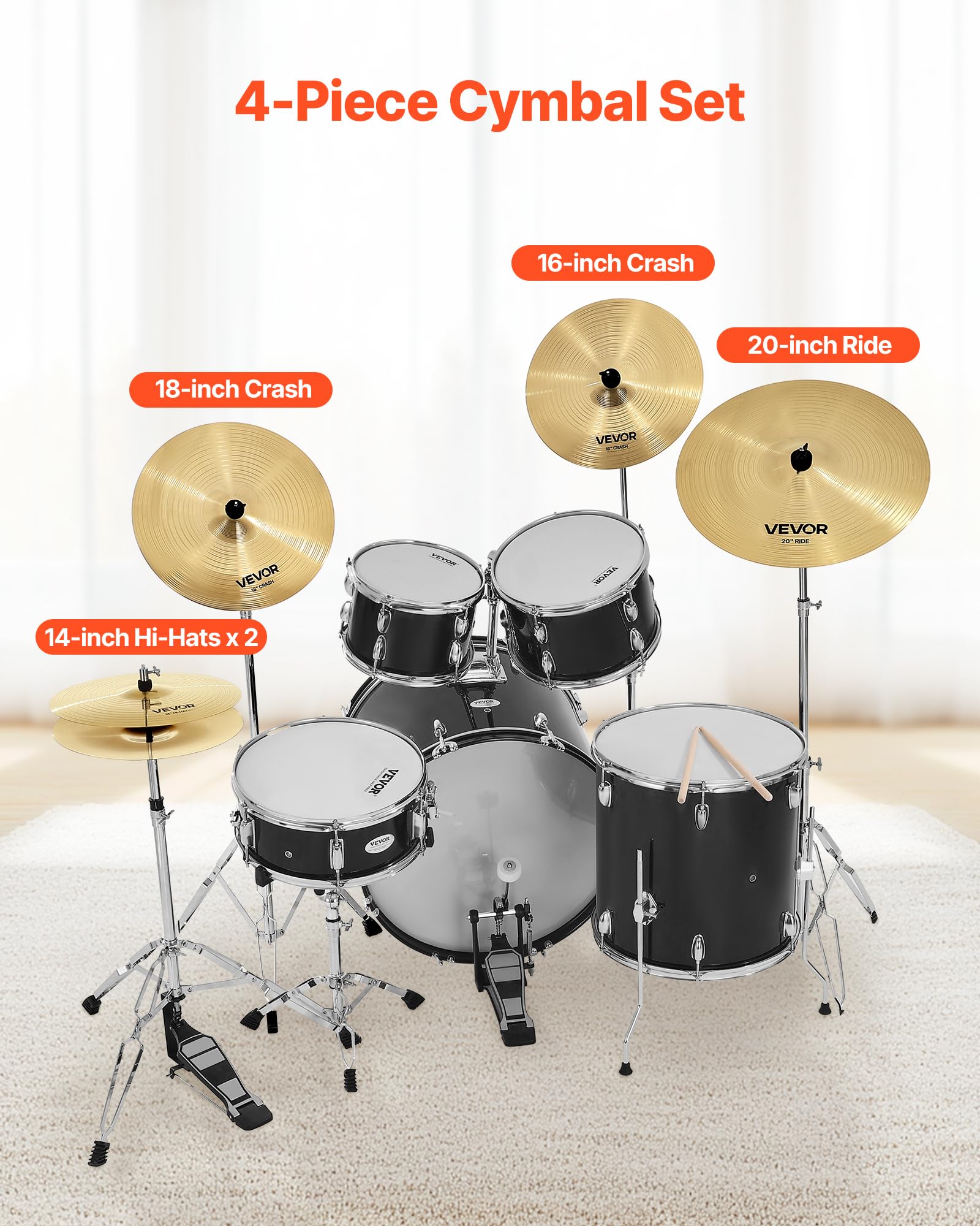 Vevor Cymbal Pack, 5 Pieces Cymbals For Drum Set, Alloy Cymbals Drum Set Includes 14-Inch Hi-Hats, 16-Inch Crash, 18-Inch Crash,