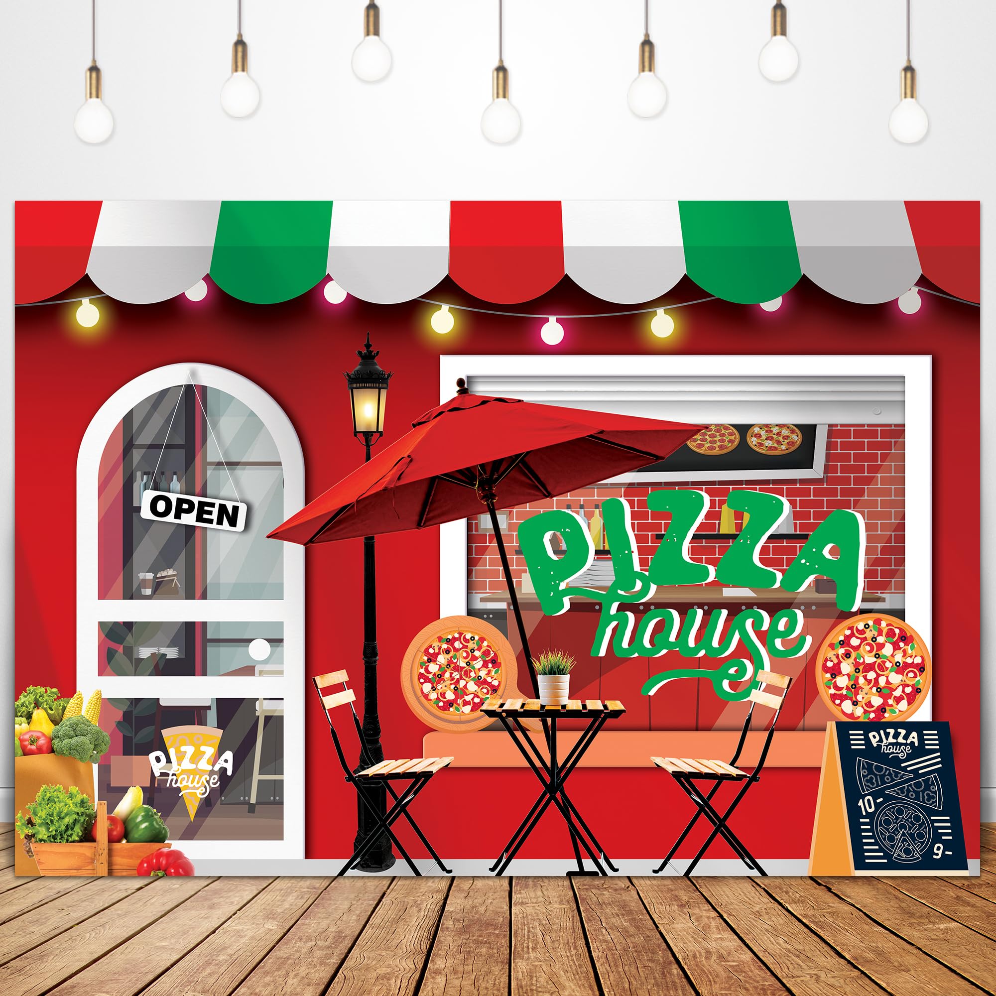 Glawry Pizza Shop Backdrop 7Wx5H Feet Kids Vegetables Fruits Boys Girls Cooking Theme Vintage Pizzeria Shop Party Birthday Baby