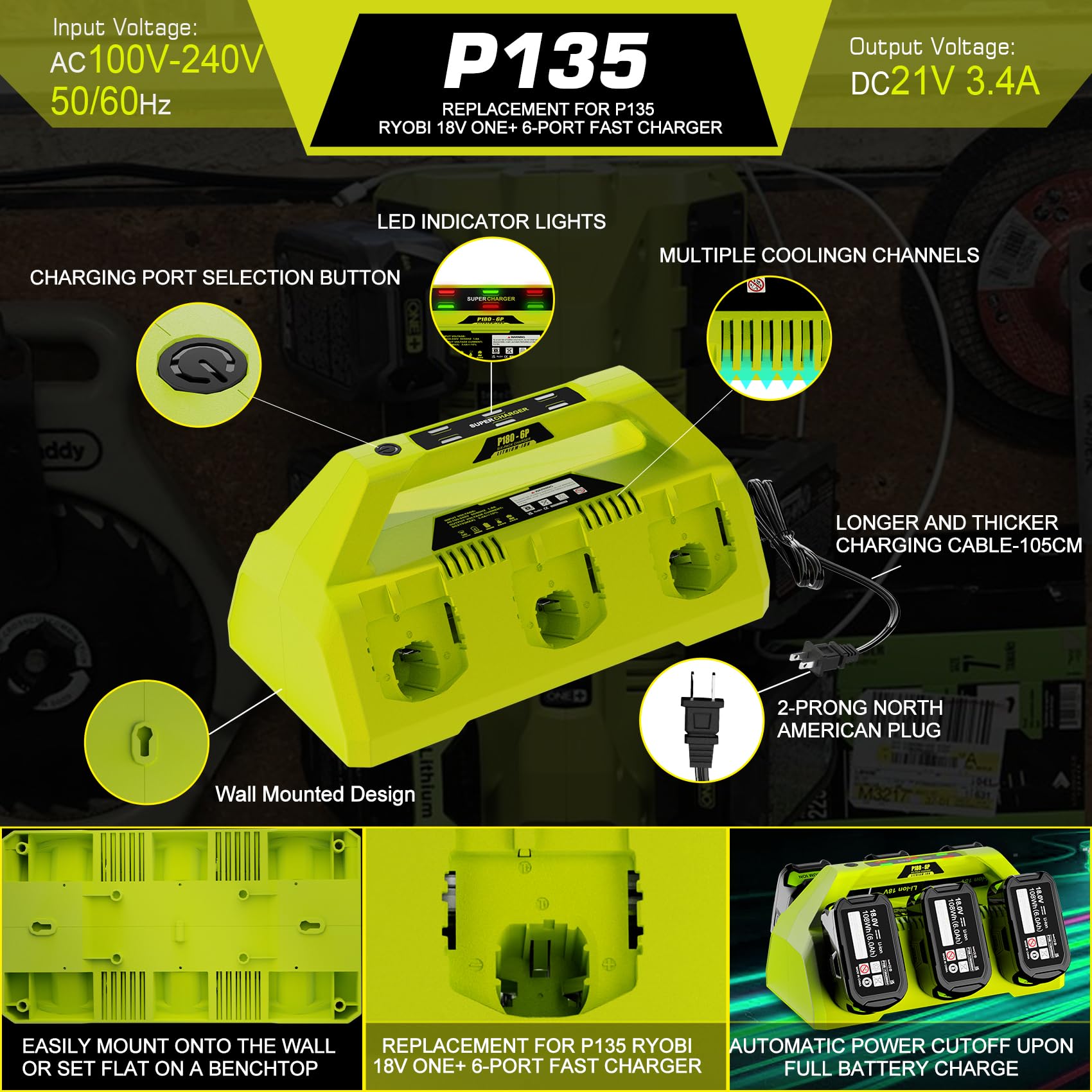 Supowill P135 18V 6 Port Charger For Ryobi 18V Battery Charger, Compatible With Ryobi One+ Battery P102 P103 P104 P105 P106 P107