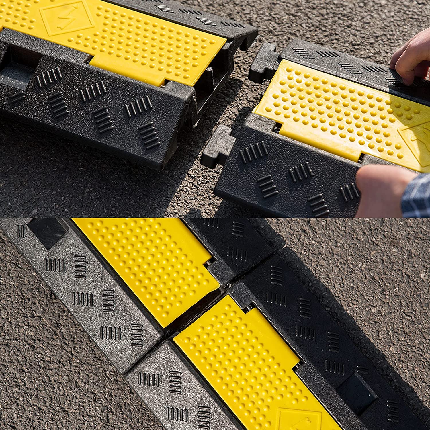 Cxrcy Cable Ramp 4 Pack 2 Channel 11000Lbs Axle Capacity Floor Cable Cord Protector, Black & Yellow Speed Bumps Hose Protector R