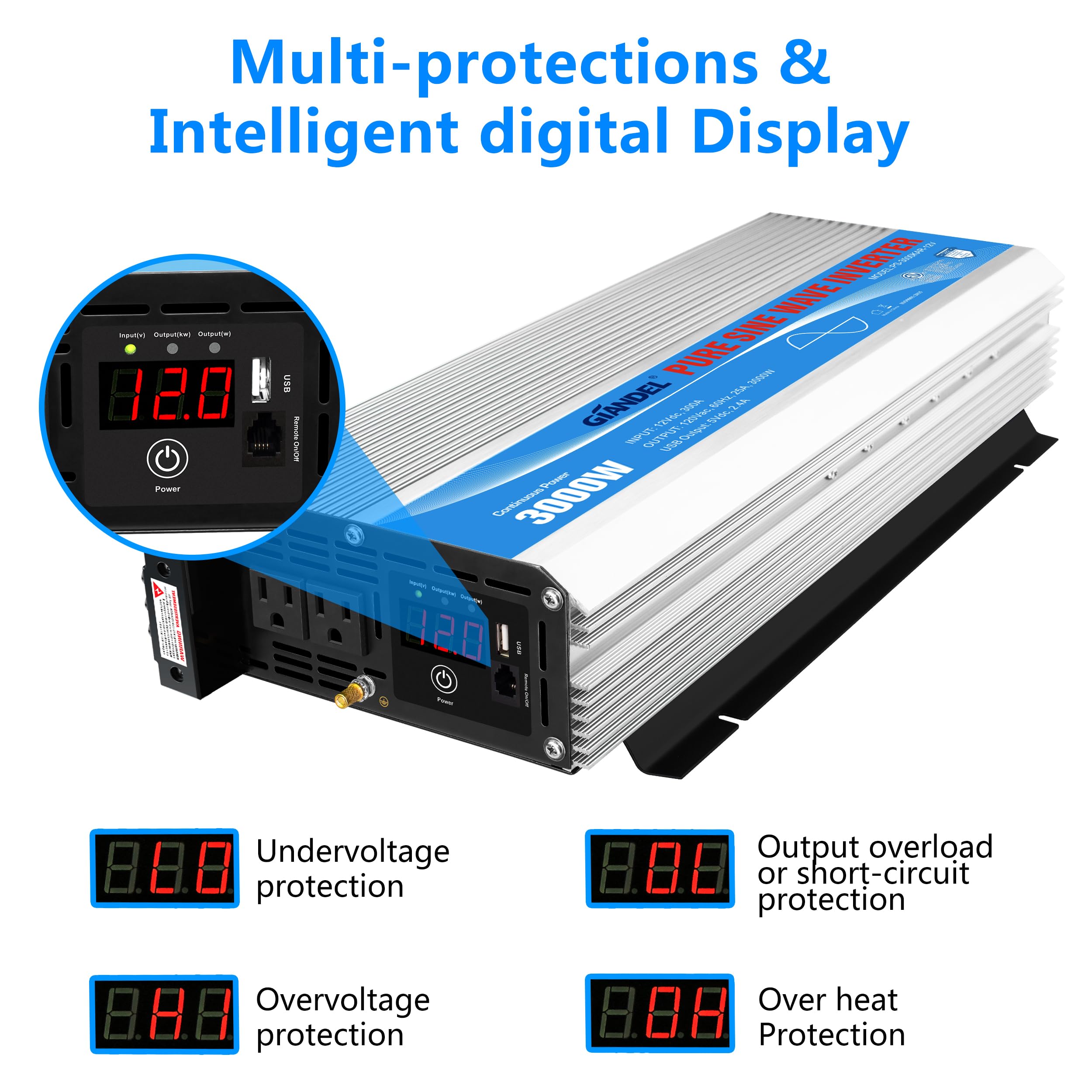3000Watt Pure Sine Wave Inverter 3000W 12V Dc To 110V 120V Ac Etl Listed Ul458 Std Lithium Battery Compatible With Terminal Bloc