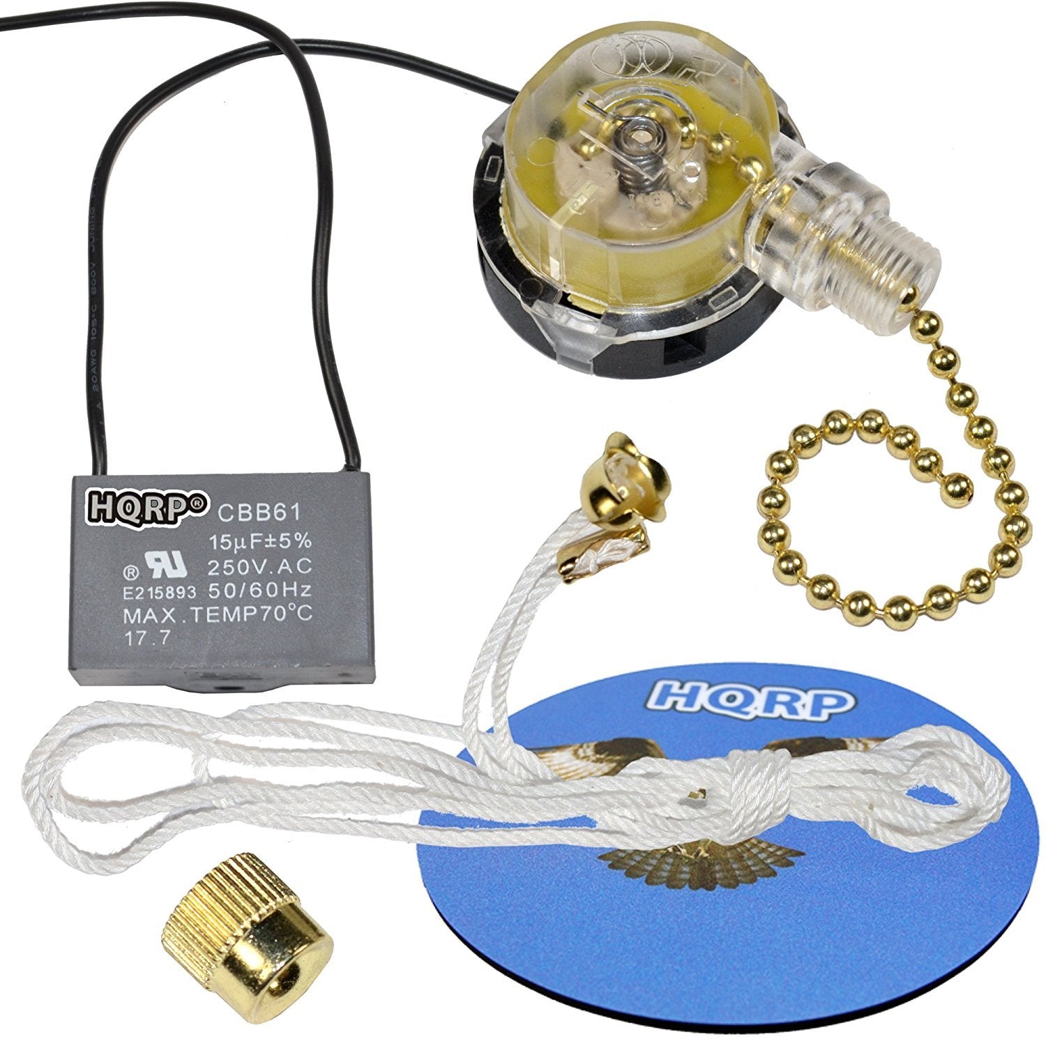 Hqrp Kit Ceiling Fan Capacitor Cbb61 15Uf 2 Wire Ul Listed And 3 Speed Fan Switch