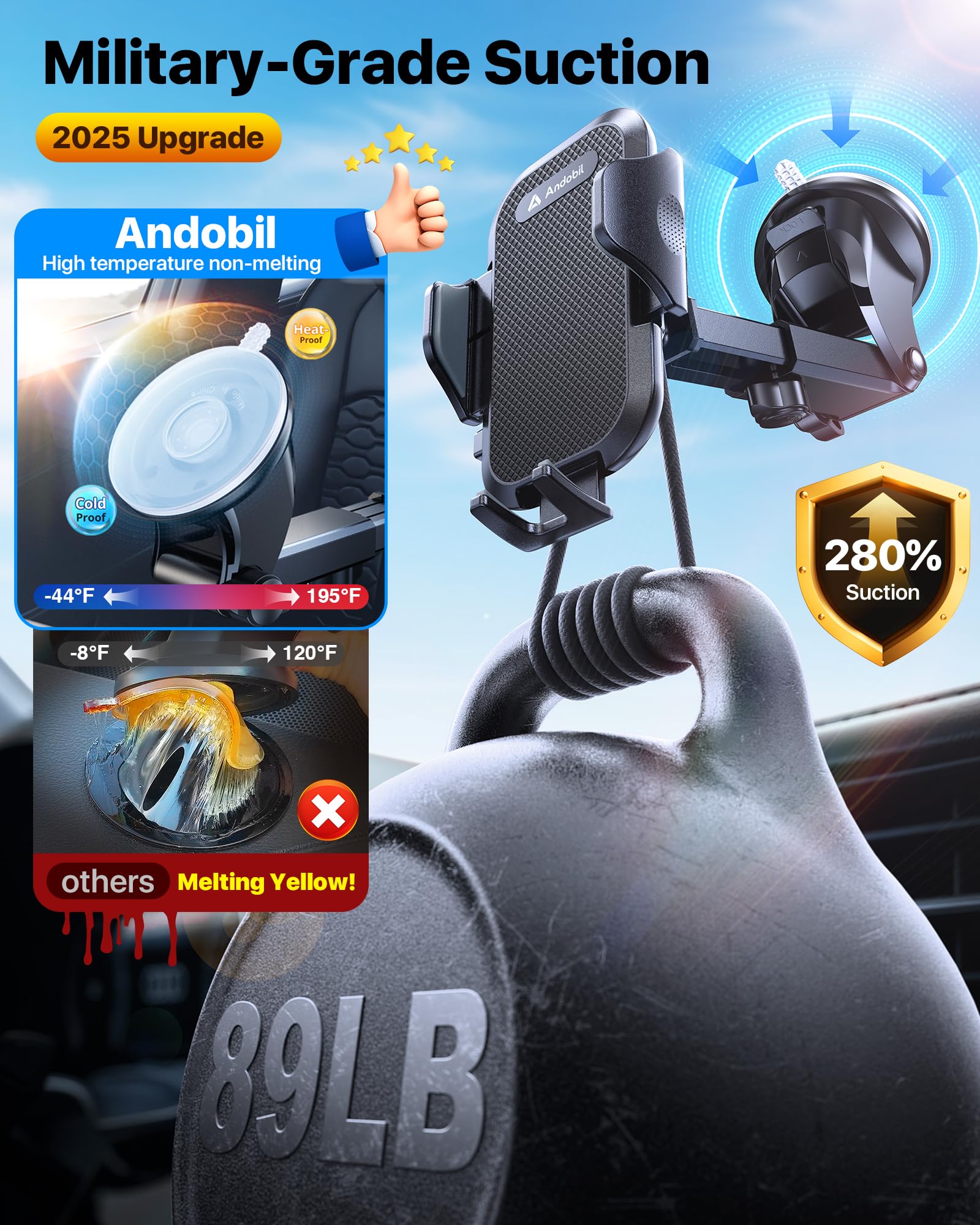 Andobil [2025 Military-Grade Durability] Car Phone Holder [Upgraded Strongest Suction & Clip] Cell Phone Car Mount Dashboard Win