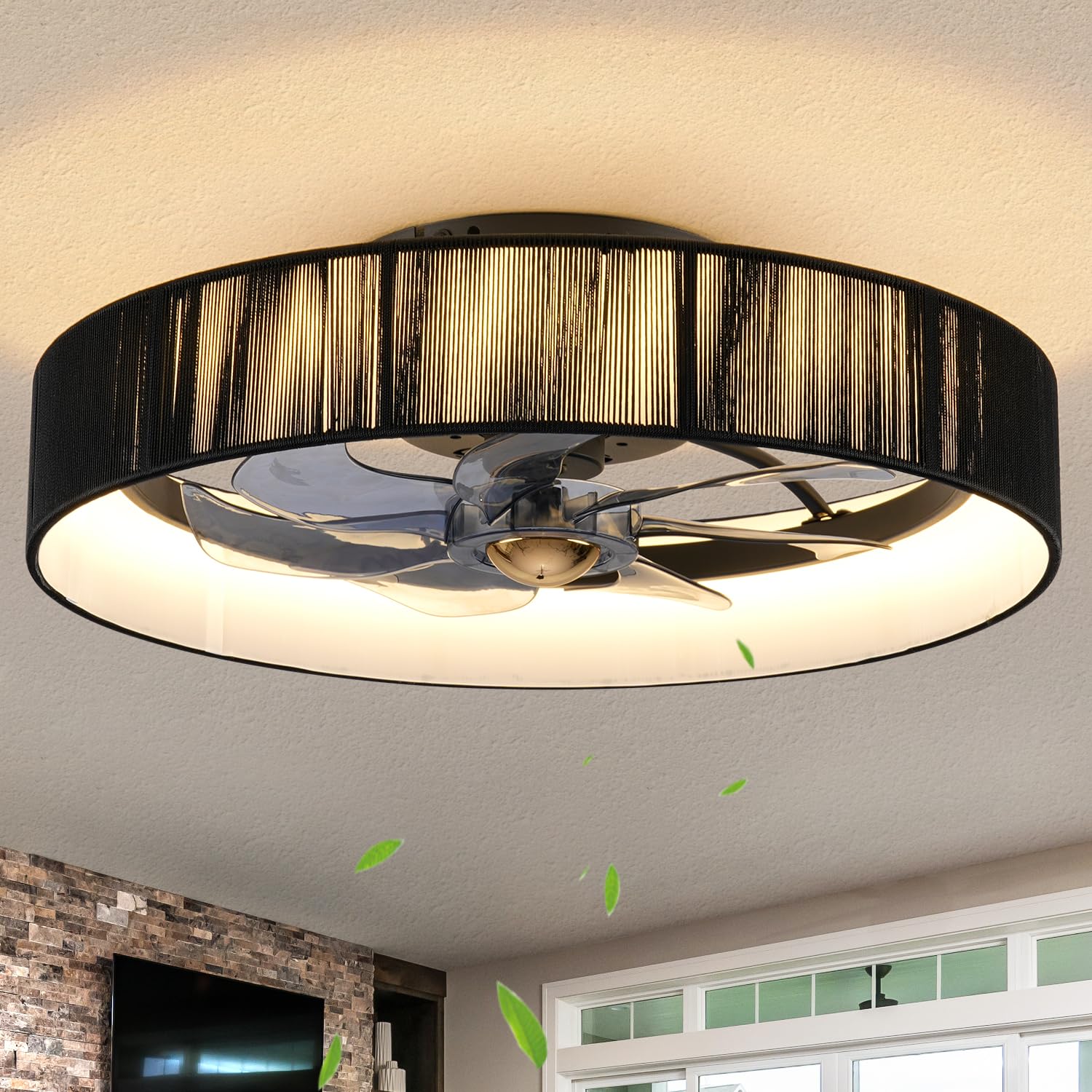 Rybiote 20 Flush Mount Caged Ceiling Fan with Lights, Low Profile Fandelier with Remote/App Control, 6 Speeds Dimmable LED Ceili