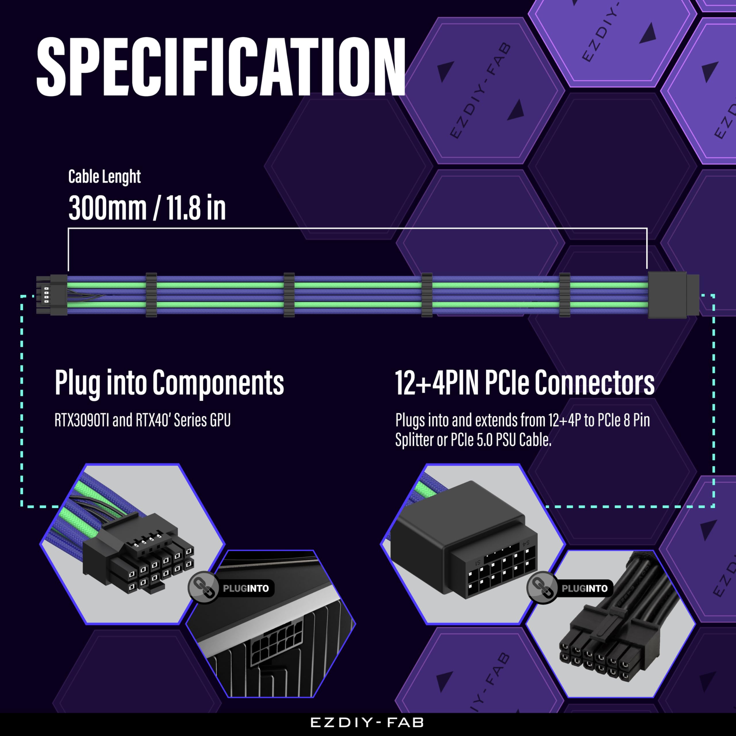Ezdiy Fab Gpu Power Sleeved Cable Extension, 16Pin(12+4) 12Vhpwr Pcie 5.0 Connector Male To Female For Rtx4070Ti Super, 4080 Sup