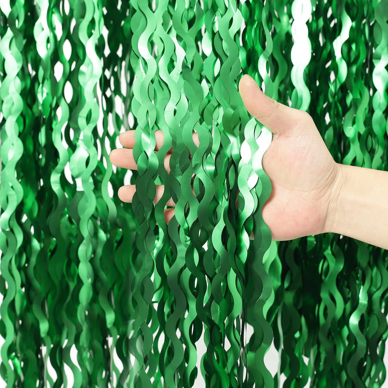 4Pcs Wavy Green Fringe Backdrop  3.3X6.6Ft Green Streamer Foil Curtains For Jungle Party Decorations | St Patricks Day Decoratio