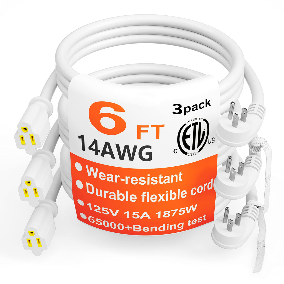 Huanchain 14 Gauge 6 Feet (3 Pack) Flat Plug Extension Cord White Indoor Outdoor, Heavy Duty 3 Prong Grounded Low Profile Extens