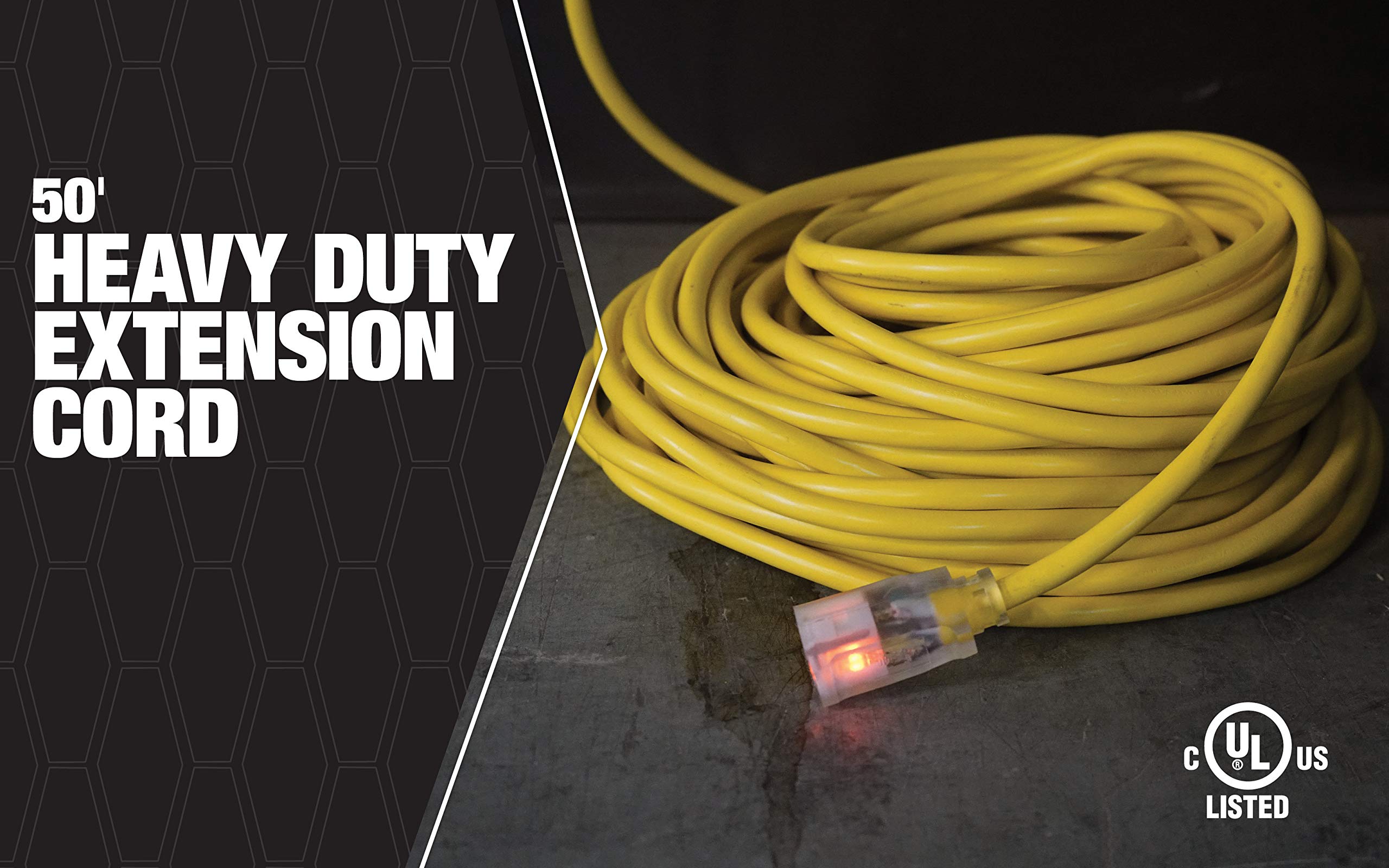 Southwire Outdoor Extension Cord, 50 Ft, 12 Gauge 3 Prong, Heavy Duty, Sjtw Cord, Yellow, 2588