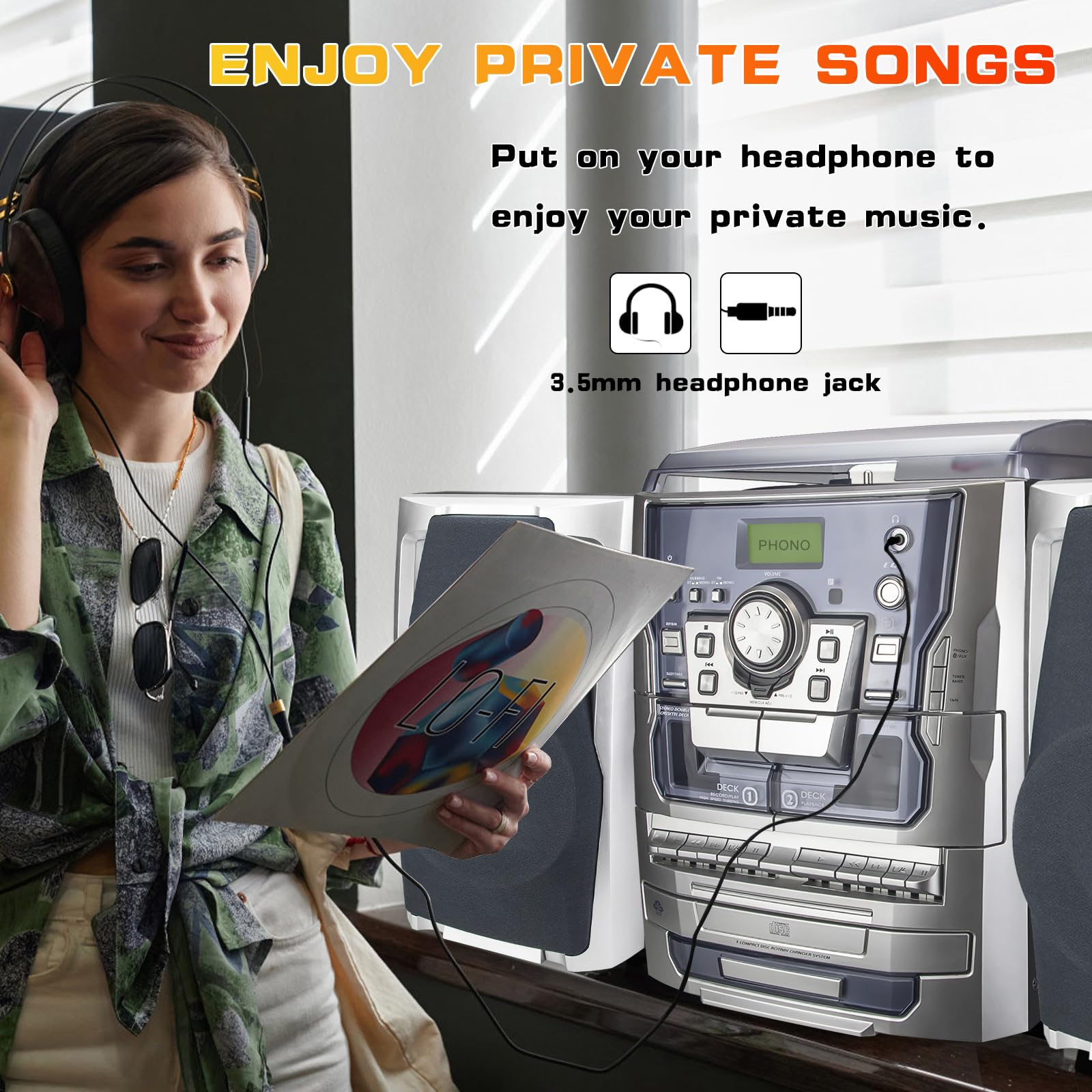 Hongut Bluetooth Vinyl Stereo Record Player, 3-Speed Stereo Turntable Cd Player Music System With Dual Cassette Deck, Digital Al