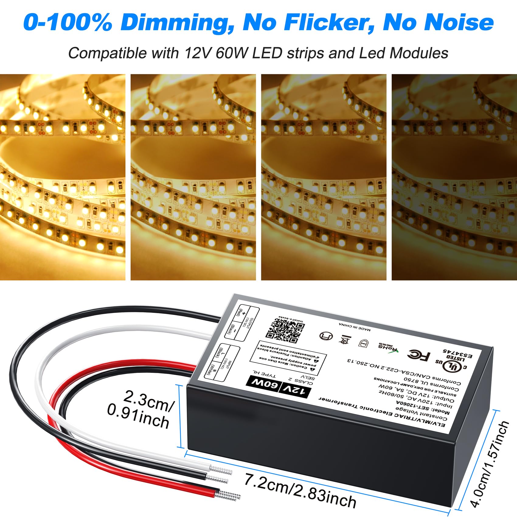 60W Dimmable Led Driver 12V,Triac Elv/Mlv Led Transformer Compatible With Lutron&Leviton Switches,Dimmable Led Power Supply For