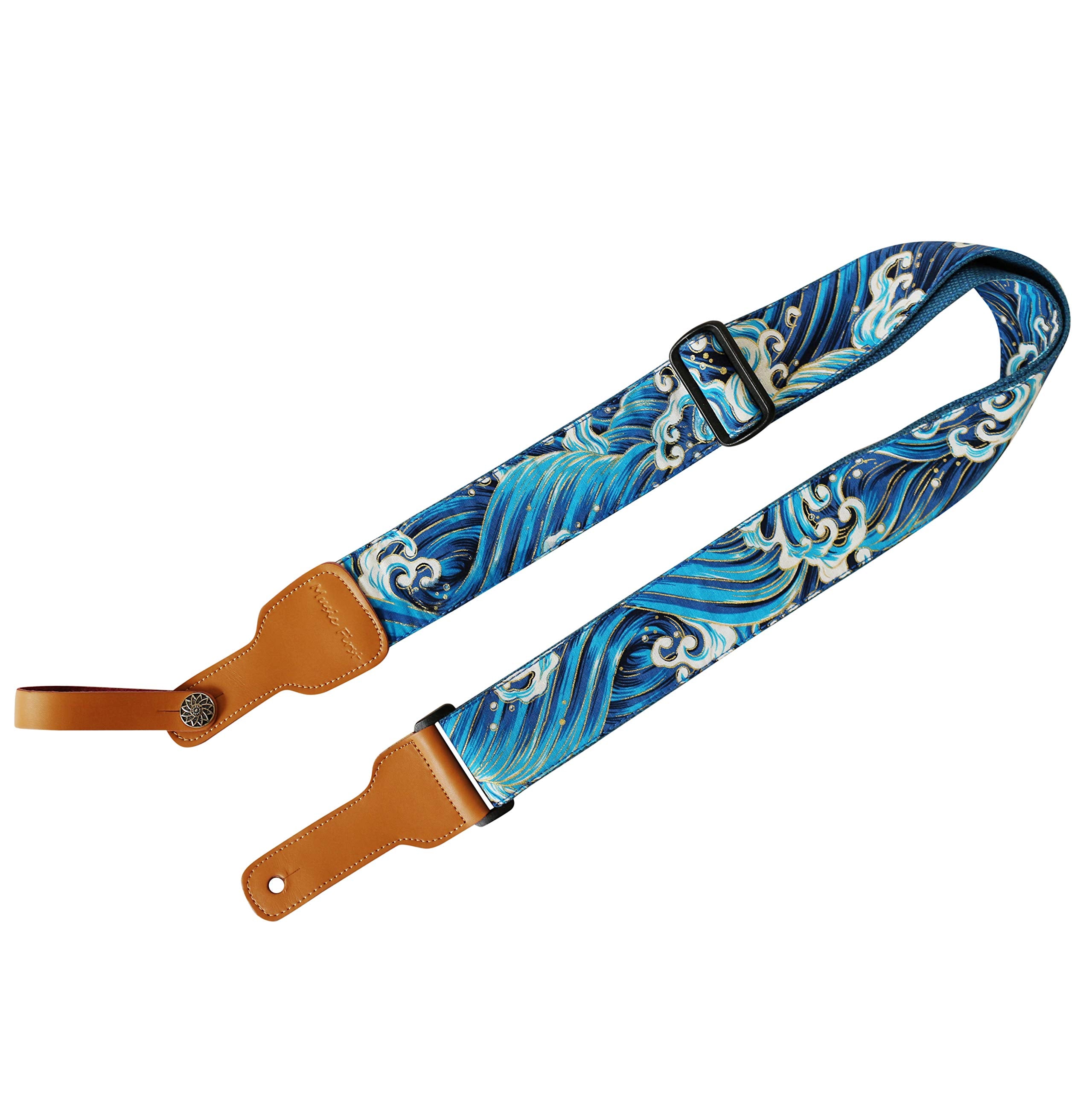 Music First Original Design, 2 Inch Width (5Cm), Ukiyoe Style Tsunami Waves    Soft Muslin & Genuine Leather Delux Guitar Strap,