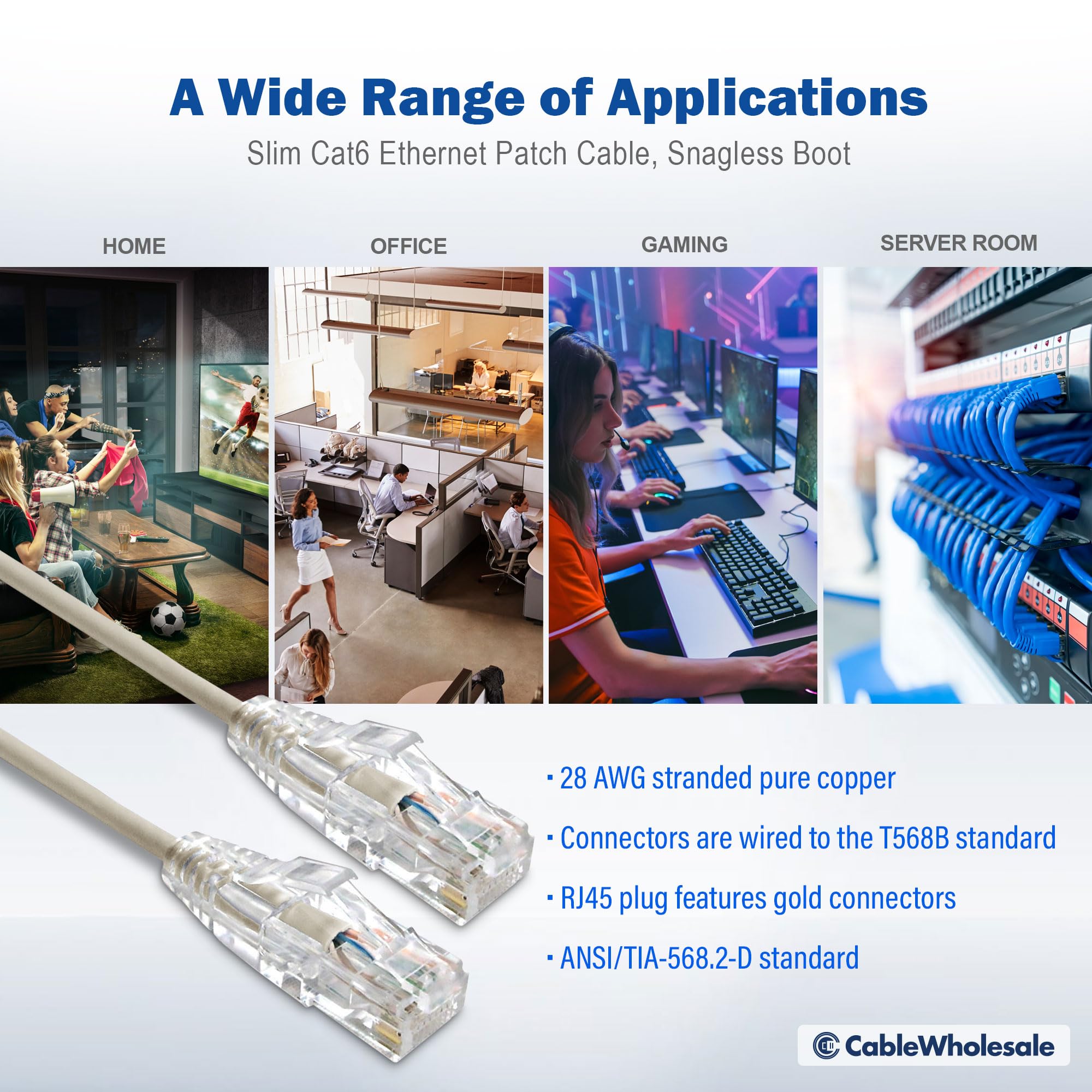 Cablewholesale Cat6 Slim Ethernet Patch Cable, 28Awg, Etl Approved, Rj45 Gold Plate Connector Snagless/Boot Unshielded Twisted P