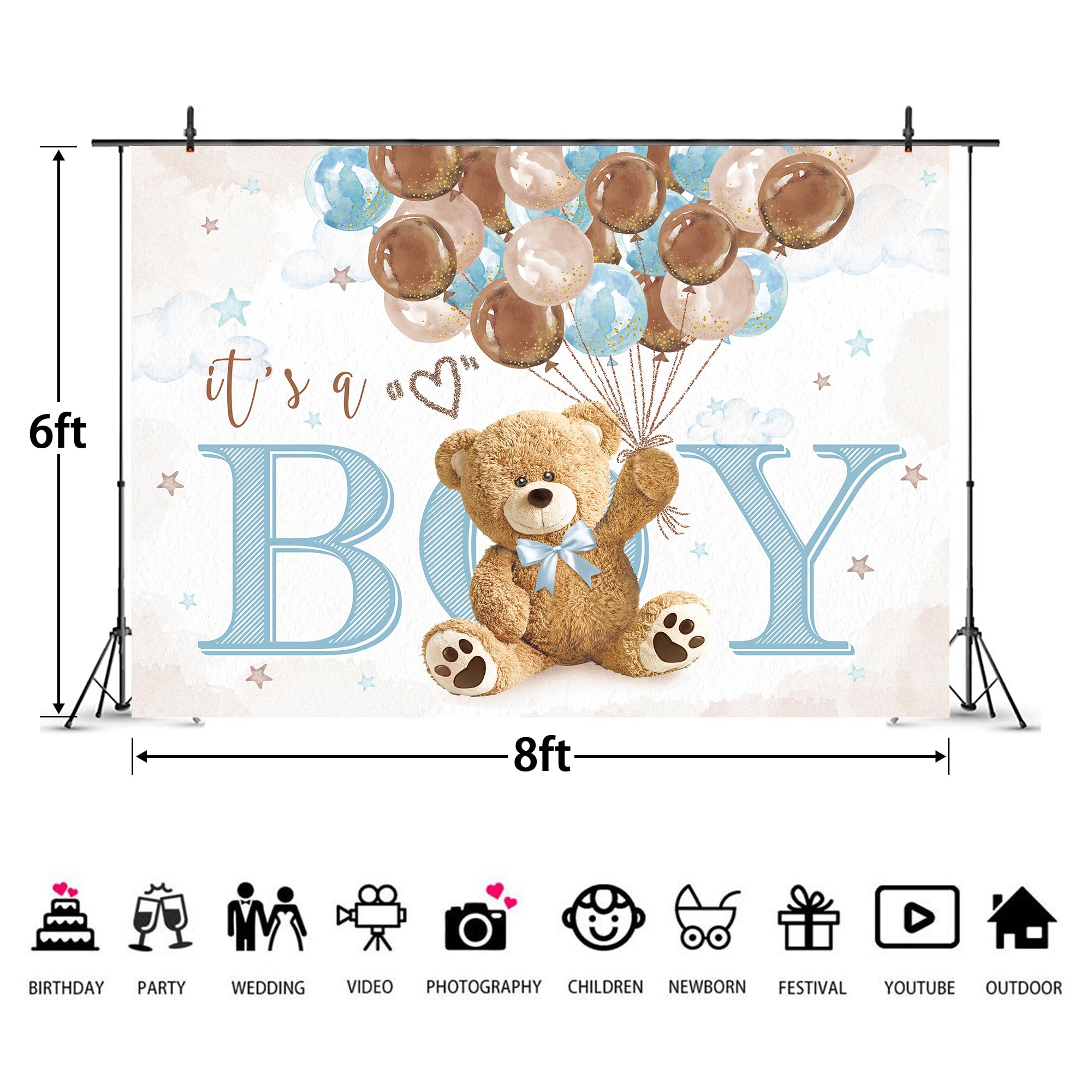 Imirell Boys Bear Baby Shower Backdrop 8Wx6H Feet It S A Boy Cute Blue Brown Watercolor Lovely Cartoon Balloons Polyester Fabri