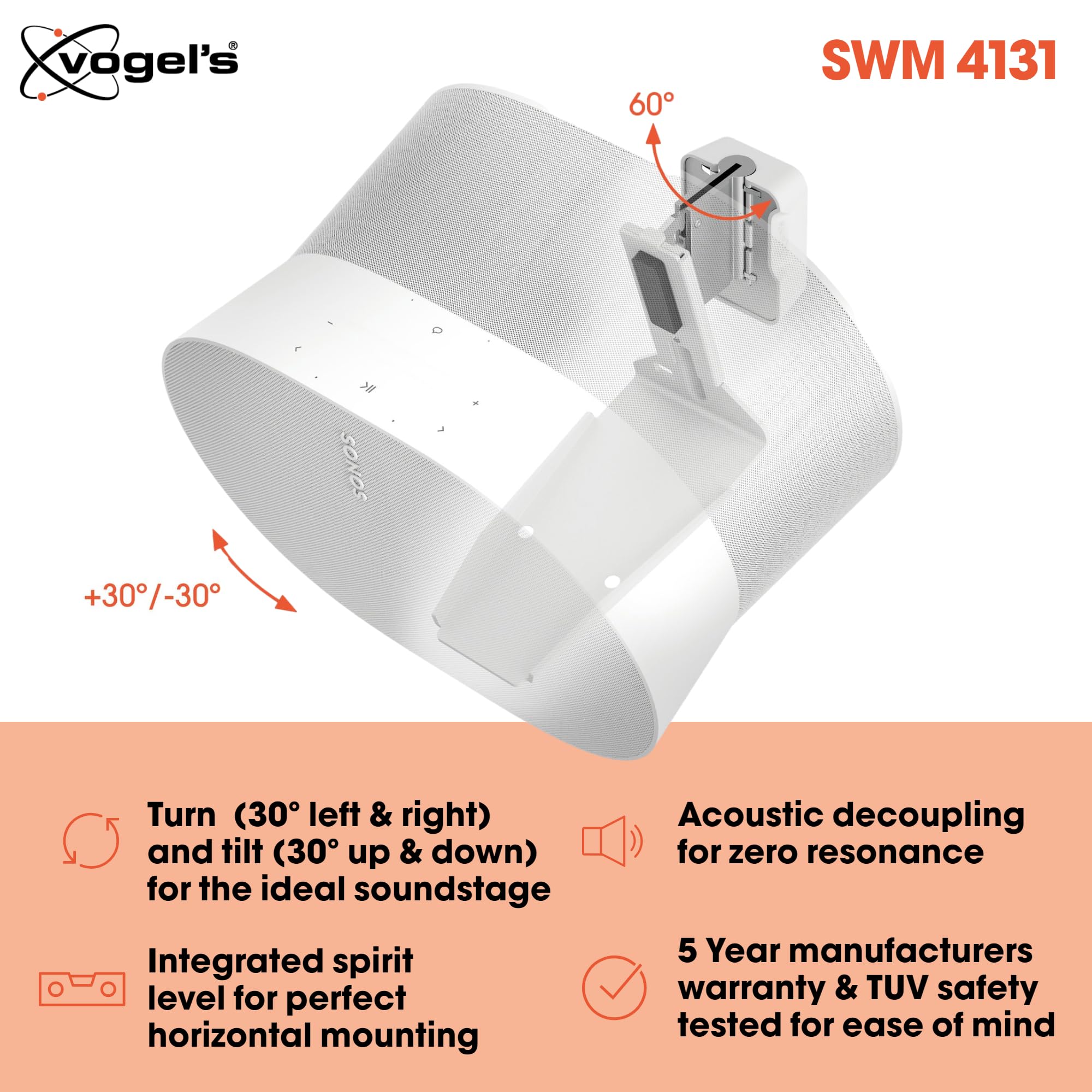 Vogel'S Swm 4131 Speaker Wall Bracket For Sonos Era 300, Max. 11 Lbs (5 Kg), Tiltable  30/+30, Swivels Up To 60 (Left/Right), Wh