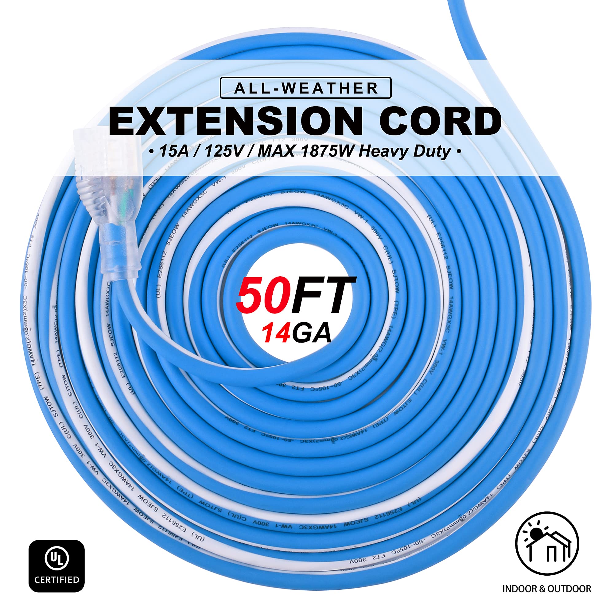 Aweltec Outdoor 14/3 Extension Cord 14Awg 50Ft 15Amp 1875Watts, Tpe Rubber Sjeow ( 58F To +221F) Lighted Power Cord, Blue + Whit