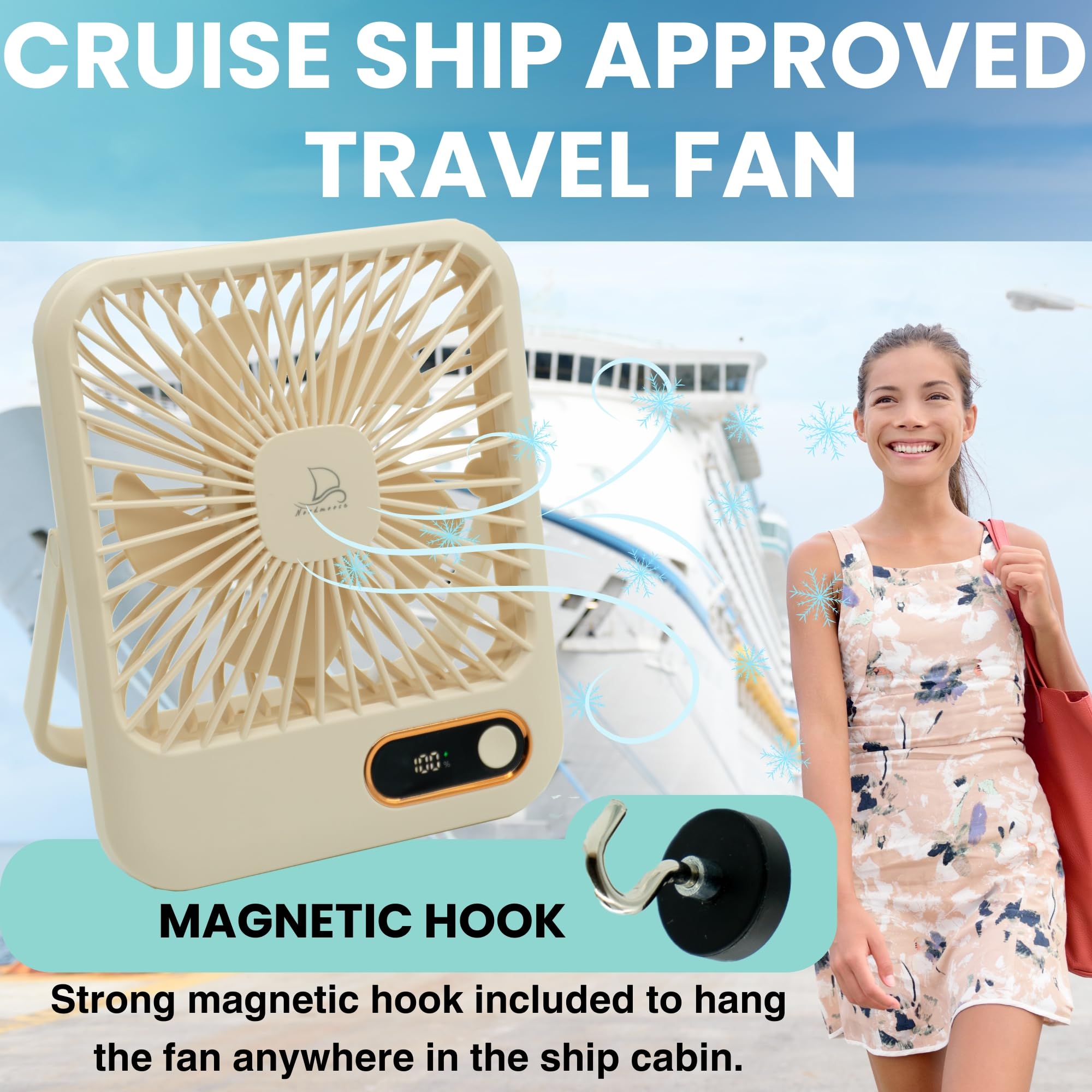 Cruise Ship Approved Fan   4000Mah Long Lasting Battery Cruise Fan   Magnetic Fan Hook To Hang, Rechargeable Travel Fan For Crui
