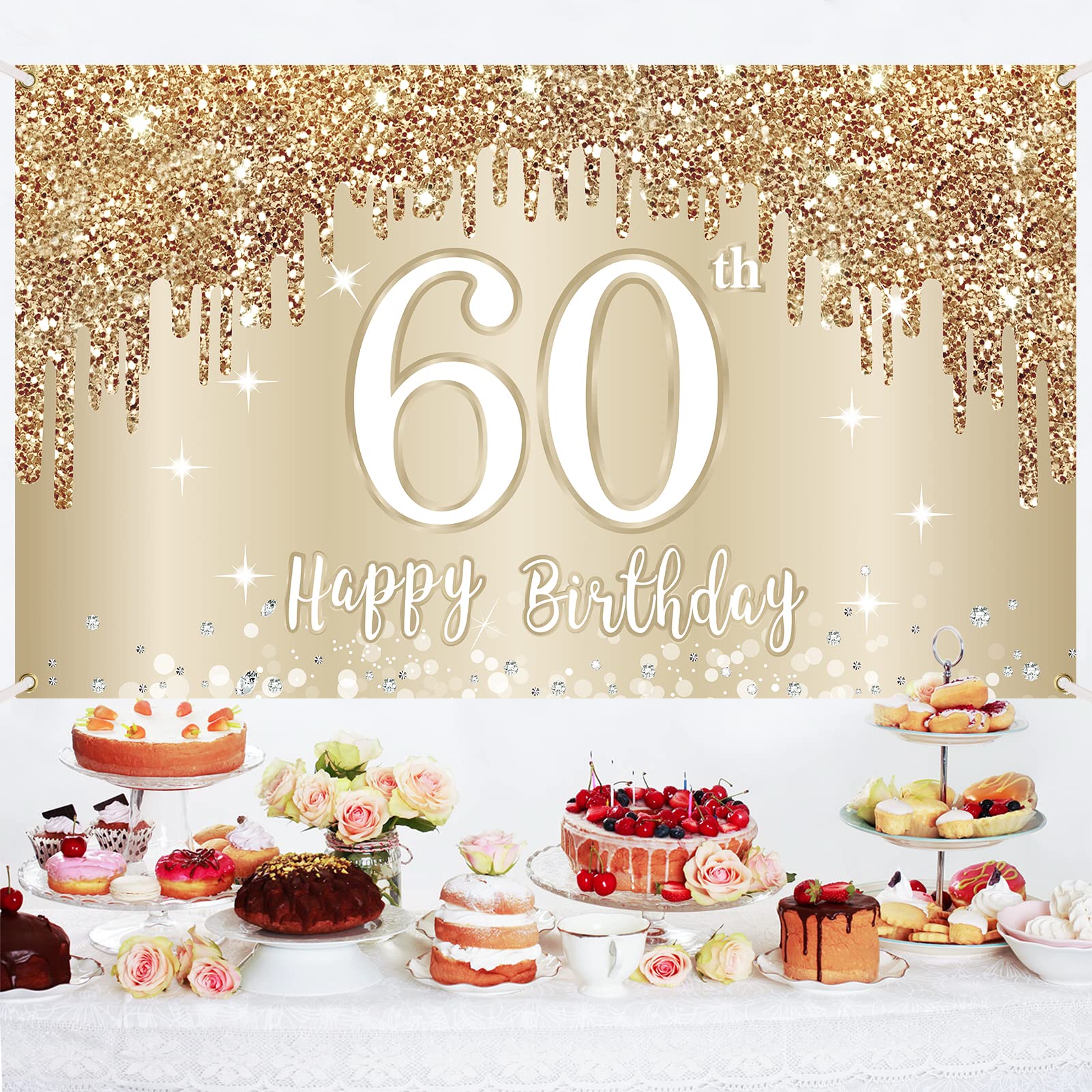 Happy 60Th Birthday Banner Backdrop Decorations For Women, Gold White 60 Birthday Sign Party Supplies, Sixty Year Old Birthday P