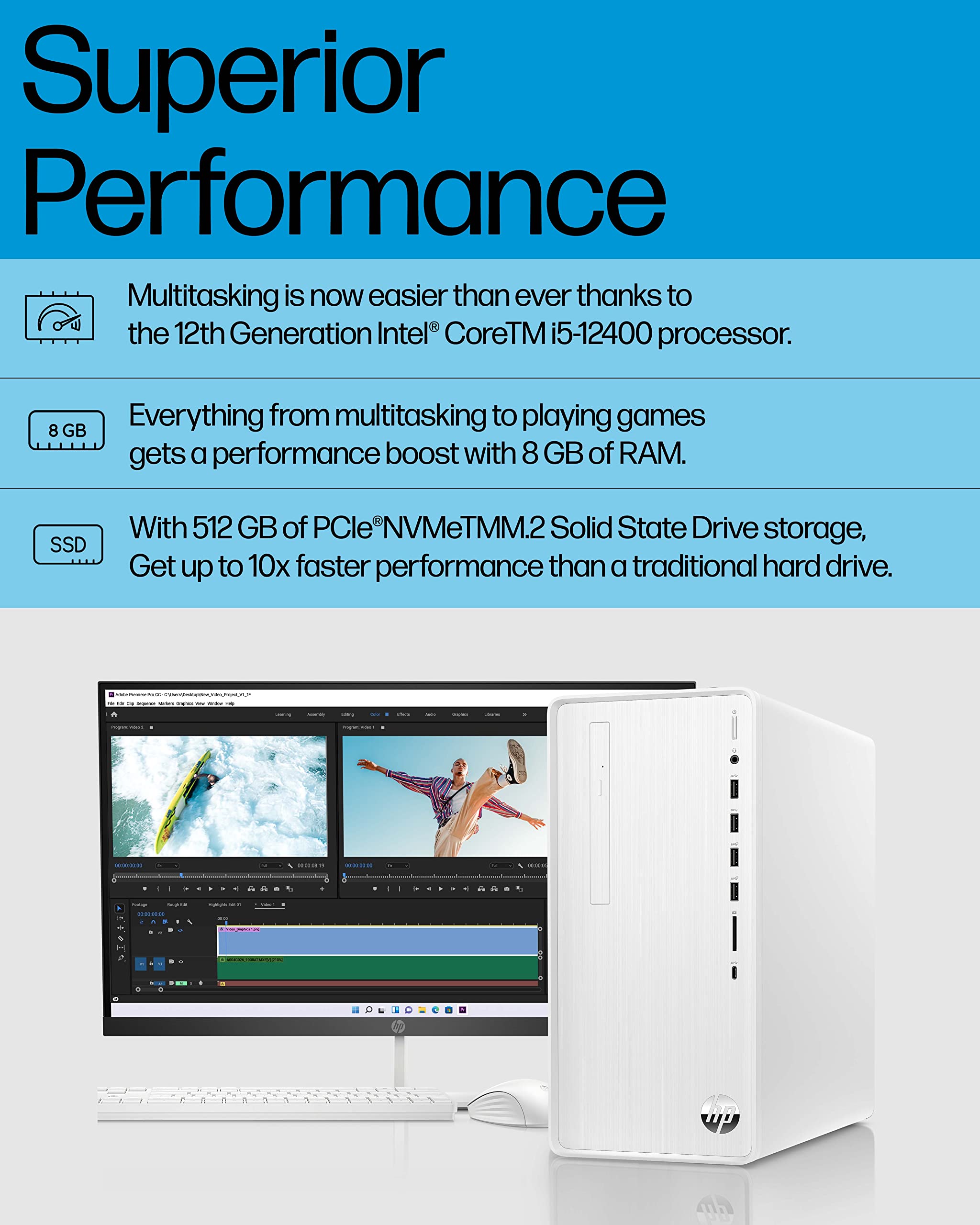 Hp Pavilion Desktop Pc, 12Th Gen Intel Core I5 12400, 8 Gb Ram, 512 Gb Ssd, Windows 11 Home, Wi Fi 6 & Bluetooth, 9 Usb Ports, W