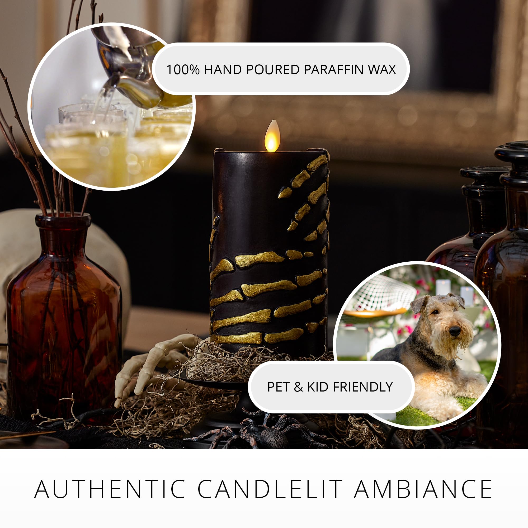 Luminara Black And Gold Skeleton Hands Flameless Led Candle, Flat Top Moving Flame Pillar, Real Unscented Wax And Timer (3.25''