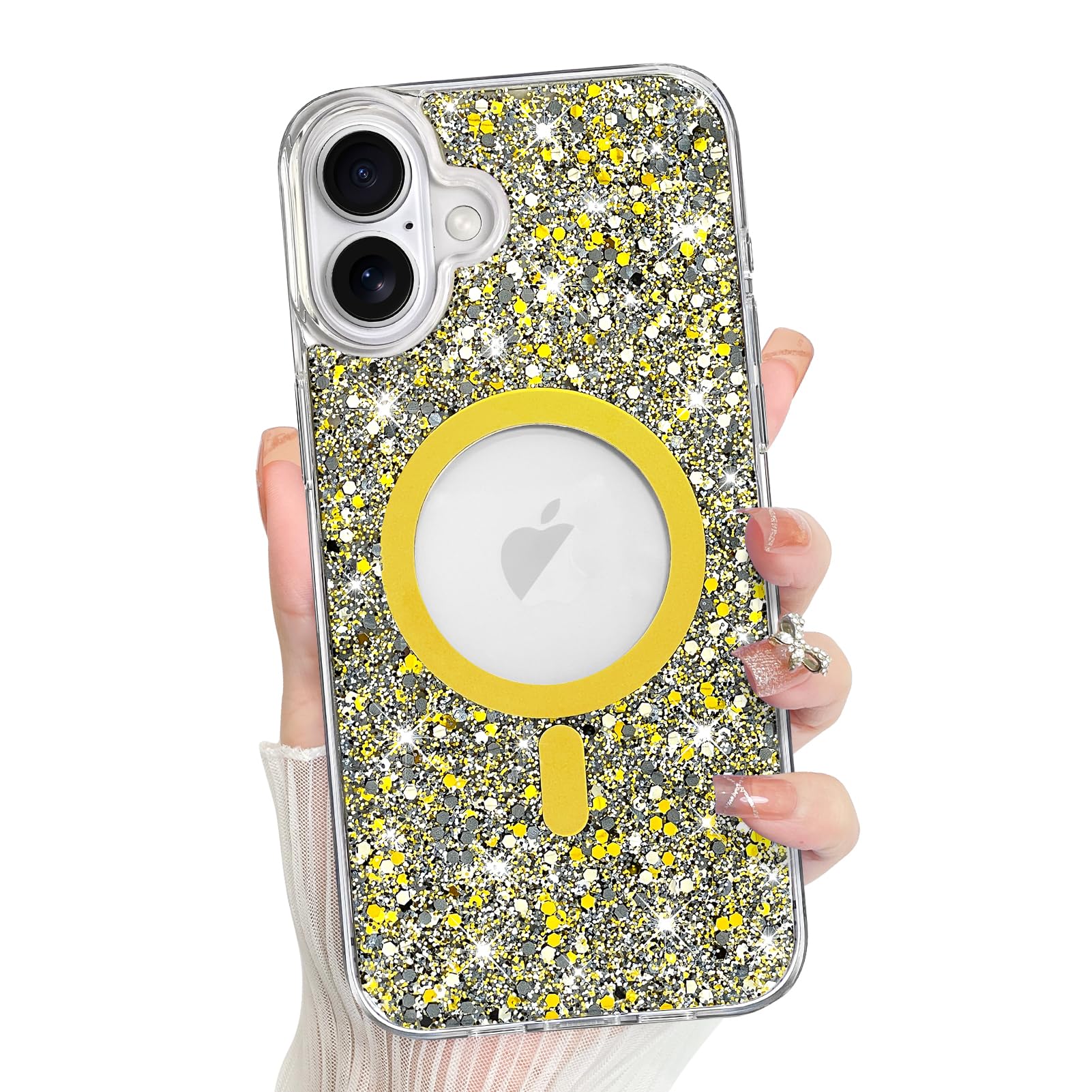 Bonoma For Iphone 16 Plus Case, Gold Glitter Bling Back, Magnetic Support For Magsafe Shockproof Case, Crystal And Clear High Du