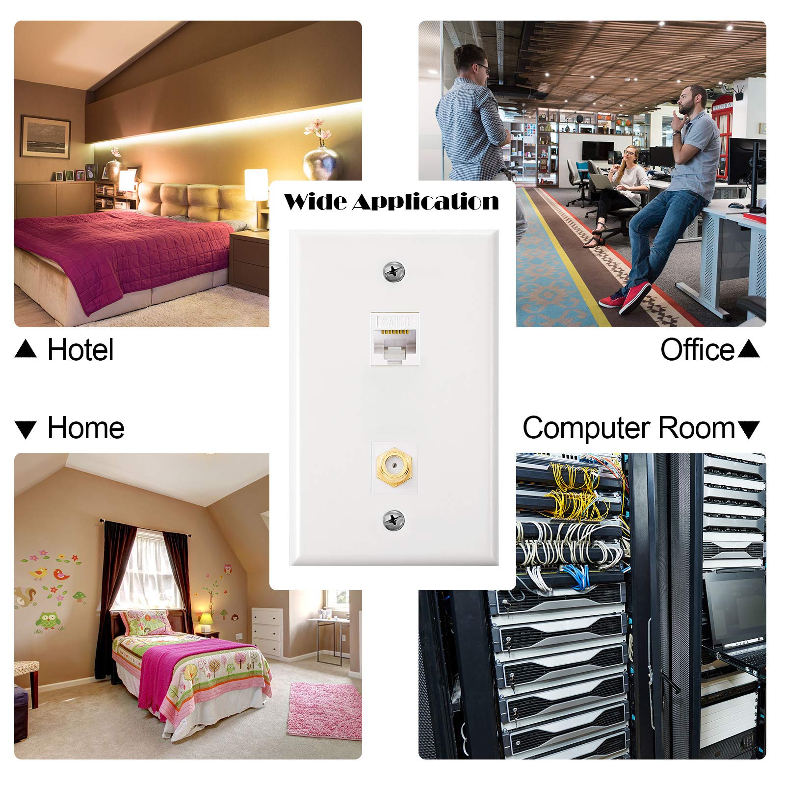 Weewooday 4 Pack Cat6 Ethernet Coax Wall Plates Gold-Plated F-Type Port Plastic White