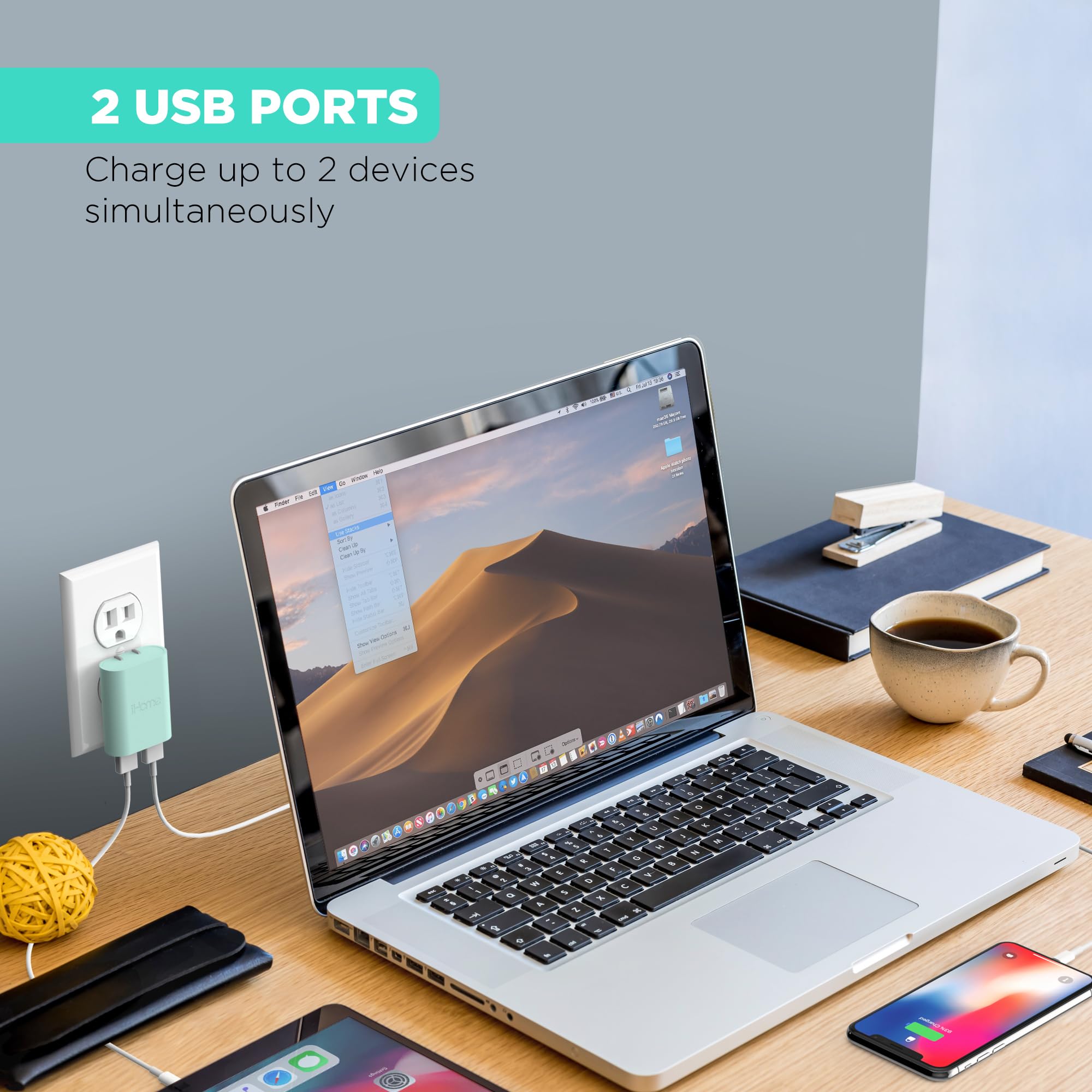 Ihome Ac Pro 3.4 Amp 2 Port Usb Wall Charger, Flat Foldable Plug For Iphone 12/12 Pro/12 Pro Max/ 11/11 Pro/11 Pro Max/Xs,/Xs Ma