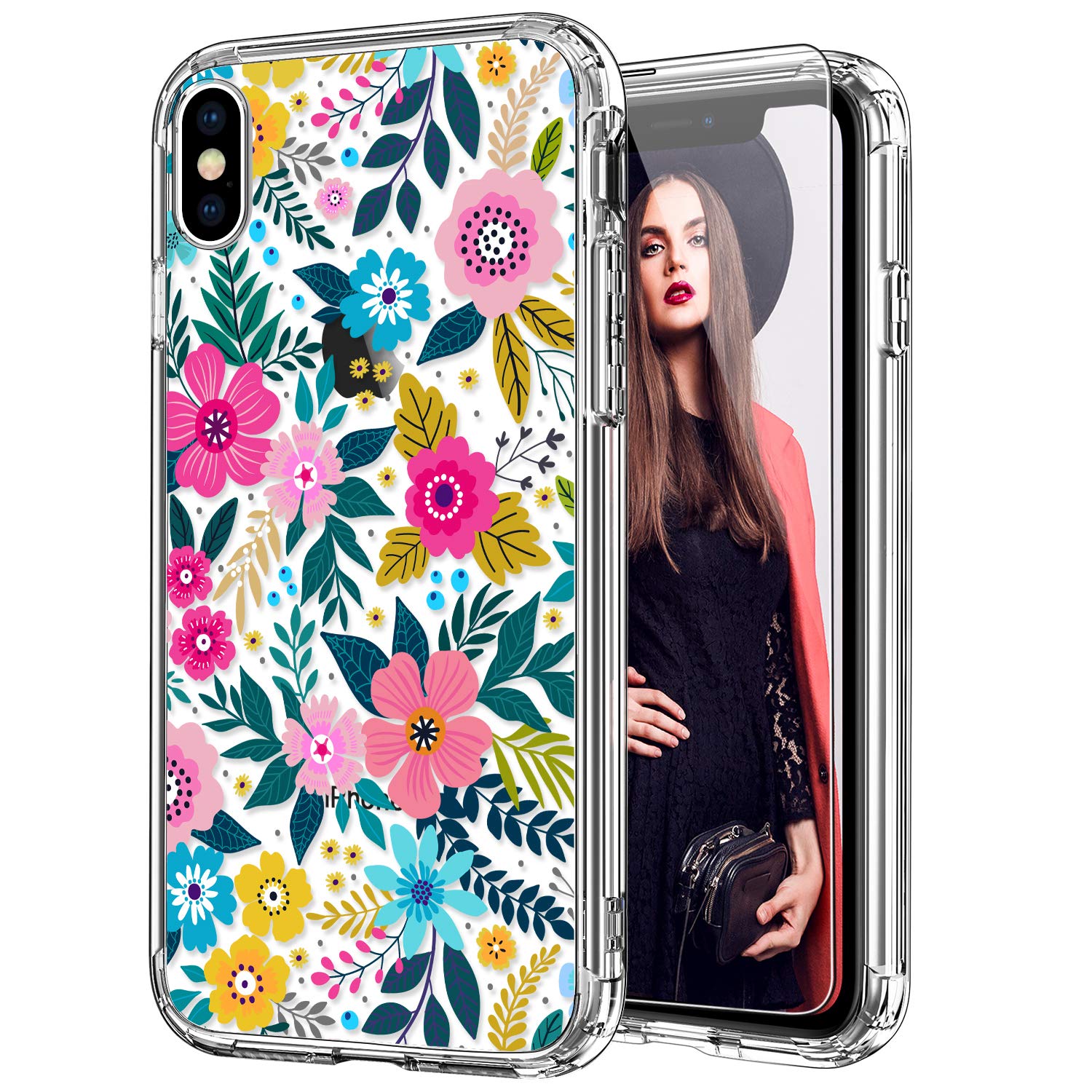 Icedio Iphone X Case With Screen Protector,Iphone Xs Case Clear With Colorful Blooming Floral Flower Patterns For Girls Women,Sl