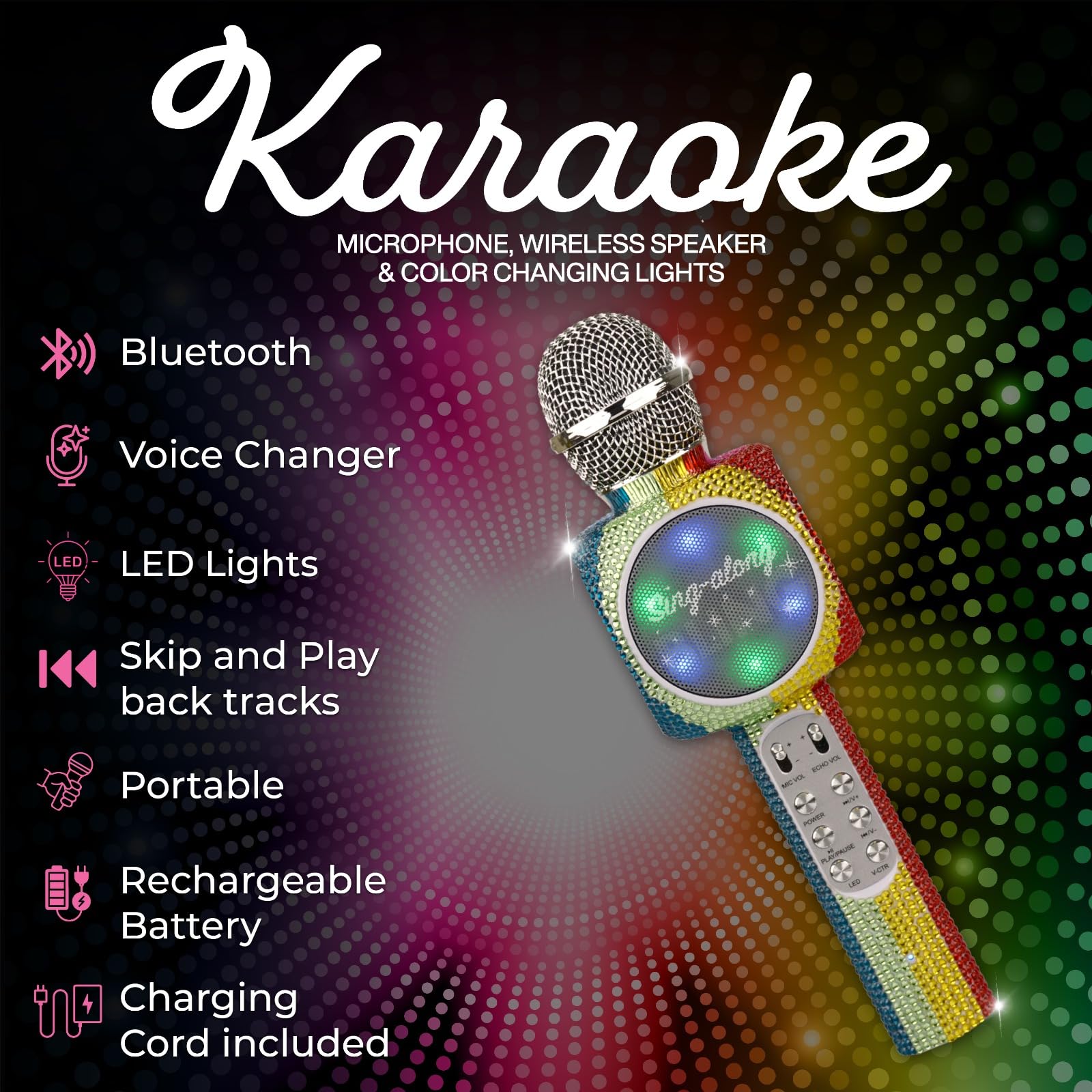 Wireless Express   Sing Along Bling Bluetooth Karaoke Microphone And Bluetooth Stereo Speaker All In One (Rainbow Bling)