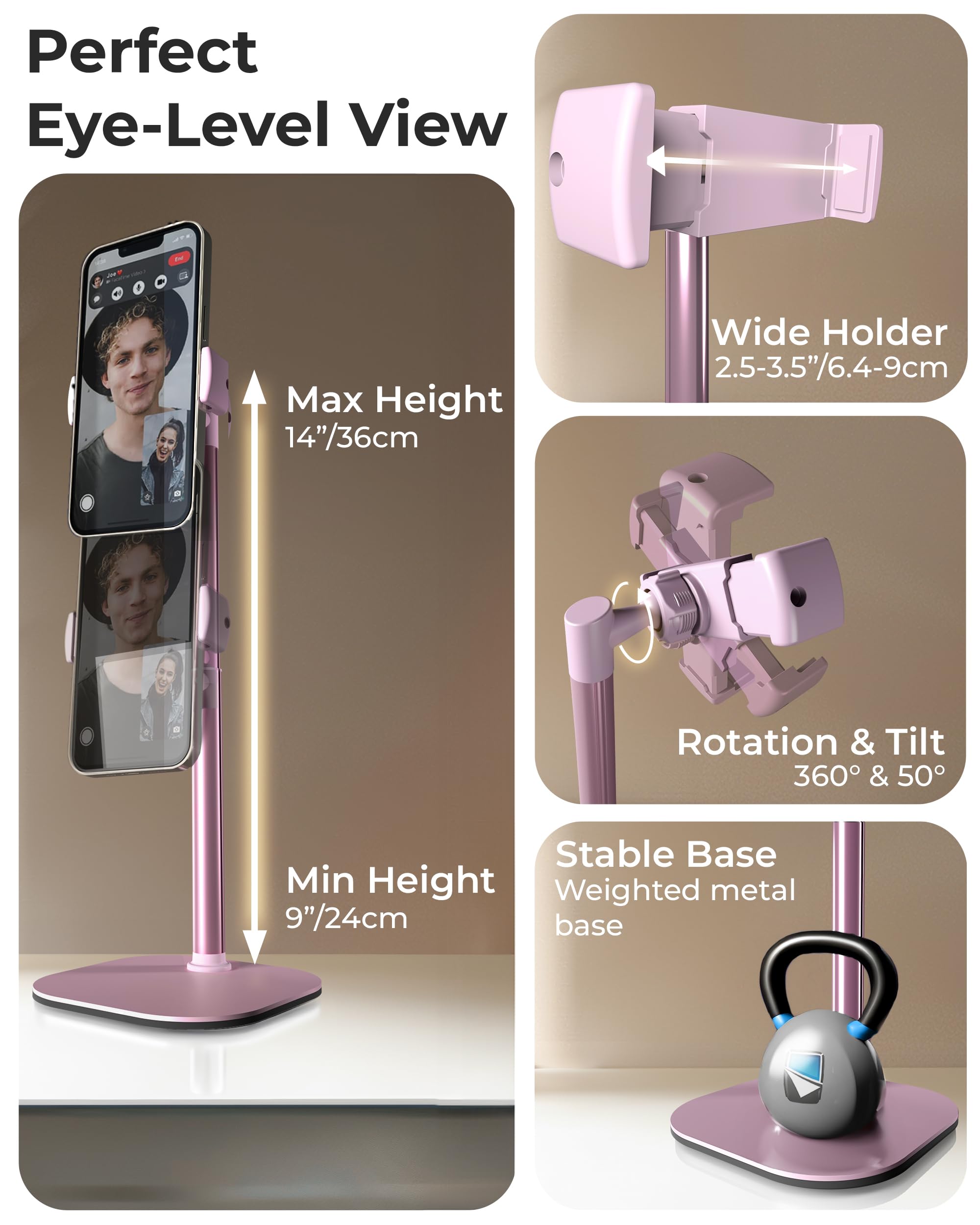 Cooper Chat Stand, Height Adjustable Cell Phone Stand For Desk | Rotating, Tilting Cell Phone Holder For Desk With 9-14 Eye-Leve