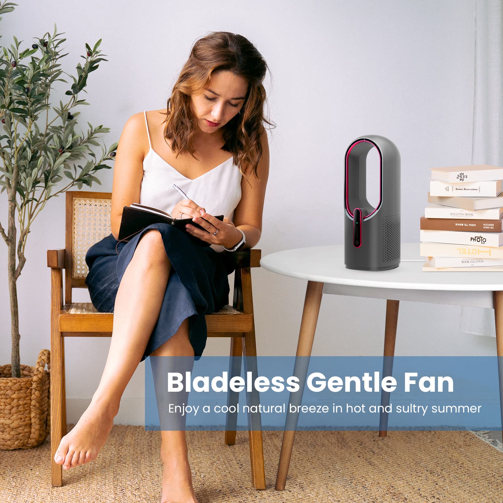 KONSIDEN Bladeless Desk Fan, 11.8 Inch, Quiet 3 Speed, Touch Control, Small, Gray/Dark Red, Easy to Clean, Ideal for Office & Home