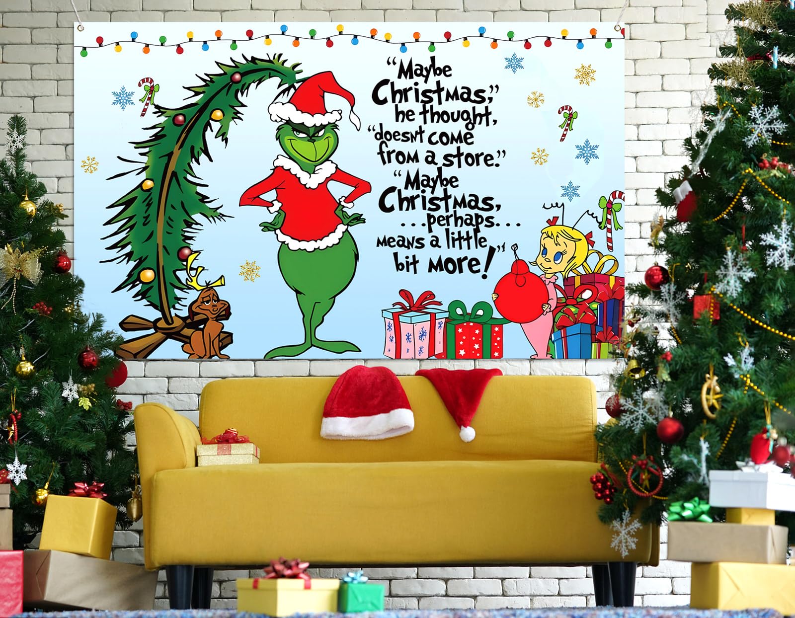 Sunwer Merry Grinchmas Photo Booth Backdrop Christmas Green Elf Winter Holiday Party Decor Xmas Indoor Outdoor Wall Hanging Back