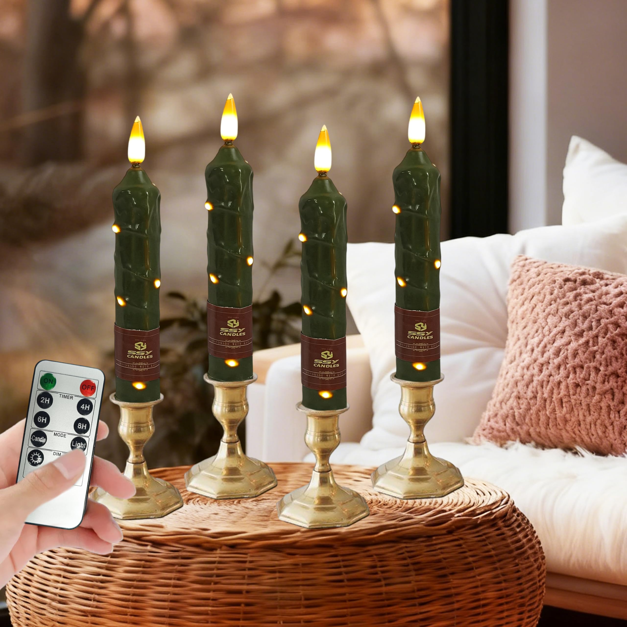 XINAOBAOLUO 6.5 inch Olive Green Flameless Candle with String Light Window Candles with Remote Timer Battery Operated Taper Cand
