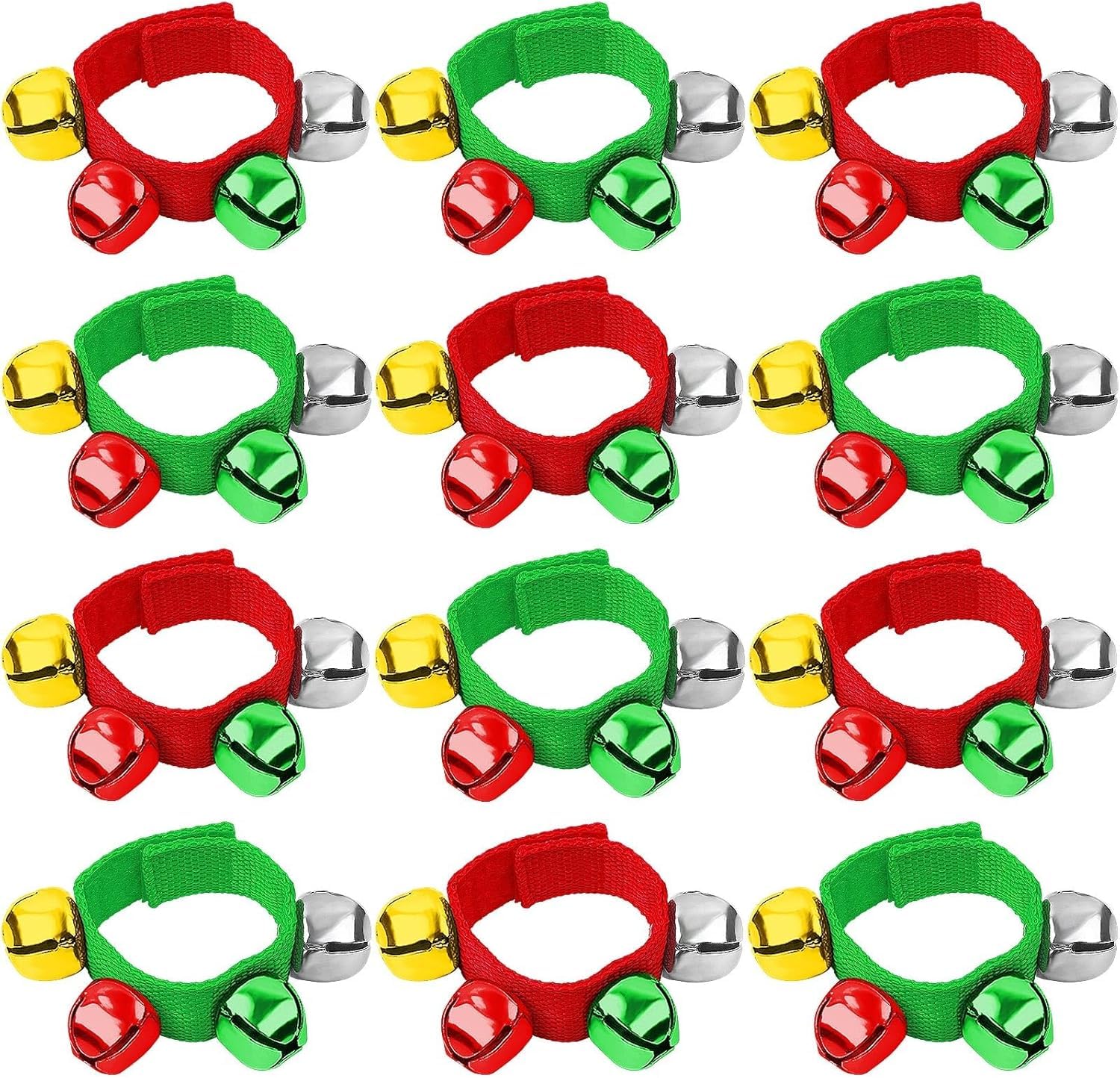 Augshy Christmas Wrist Bells Bracelets, 12Pcs Wrist Band Jingle Bells with Red Green Gold Silver Bells, Musical Instruments Adju