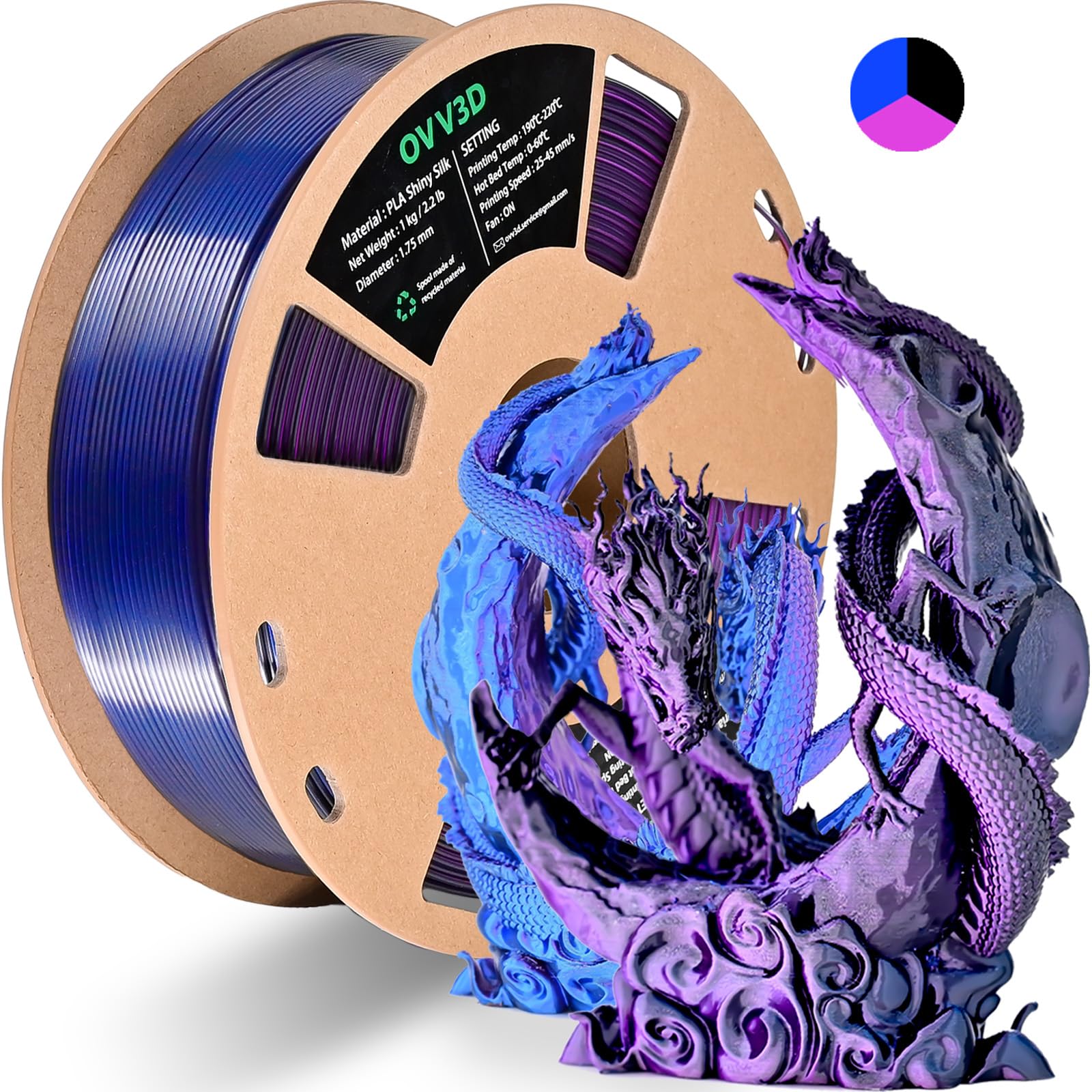 Ovv3D Pla Filament 1.75Mm Tri Colors, 3D Printer Filament Silk Pla Filament, Rainbow Pla Filament With Silk Pla Black Blue And P