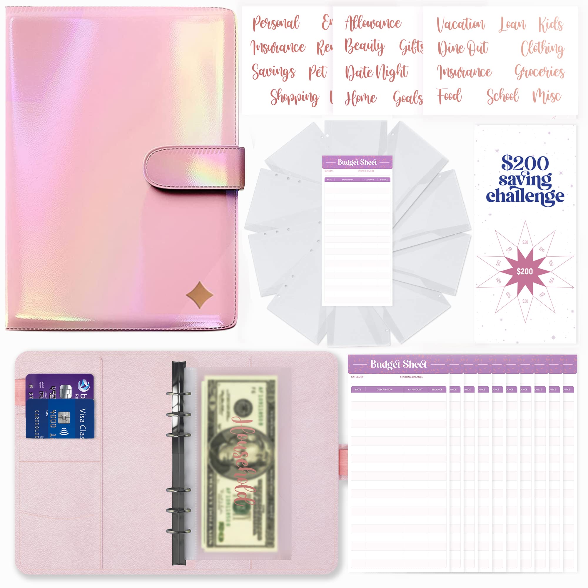 Soul Mama Budget Binder With Cash Envelopes   Holographic Money Organizer For Cash, A6 Binder Cash Envelopes For Budgeting, Mone