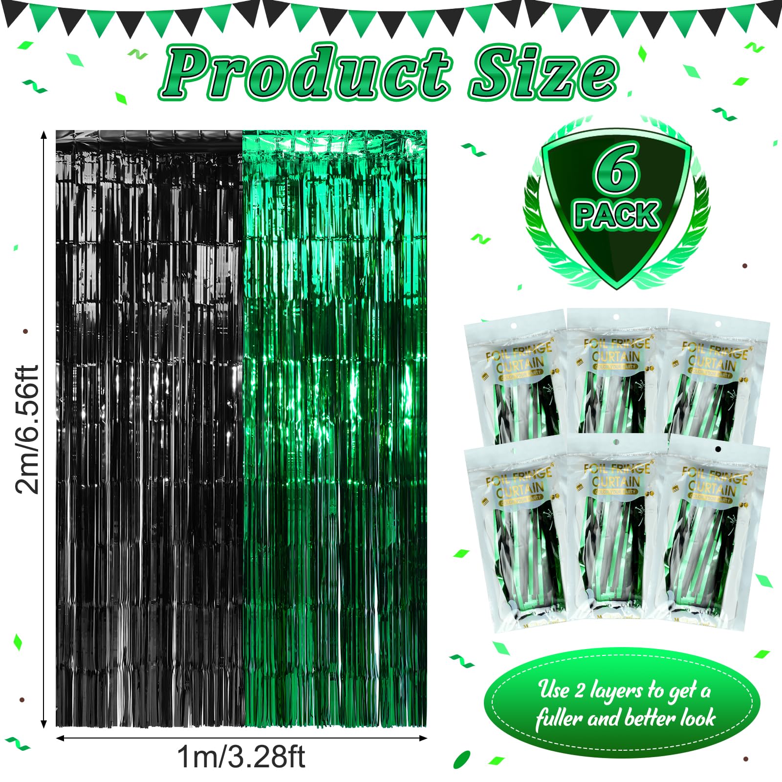 6Pack 3.3Ft X 6.6Ft Graduation Foil Fringe Curtain Backdrop Decorations, Green Black Metallic Tinsel Foil Streamers Curtain Phot