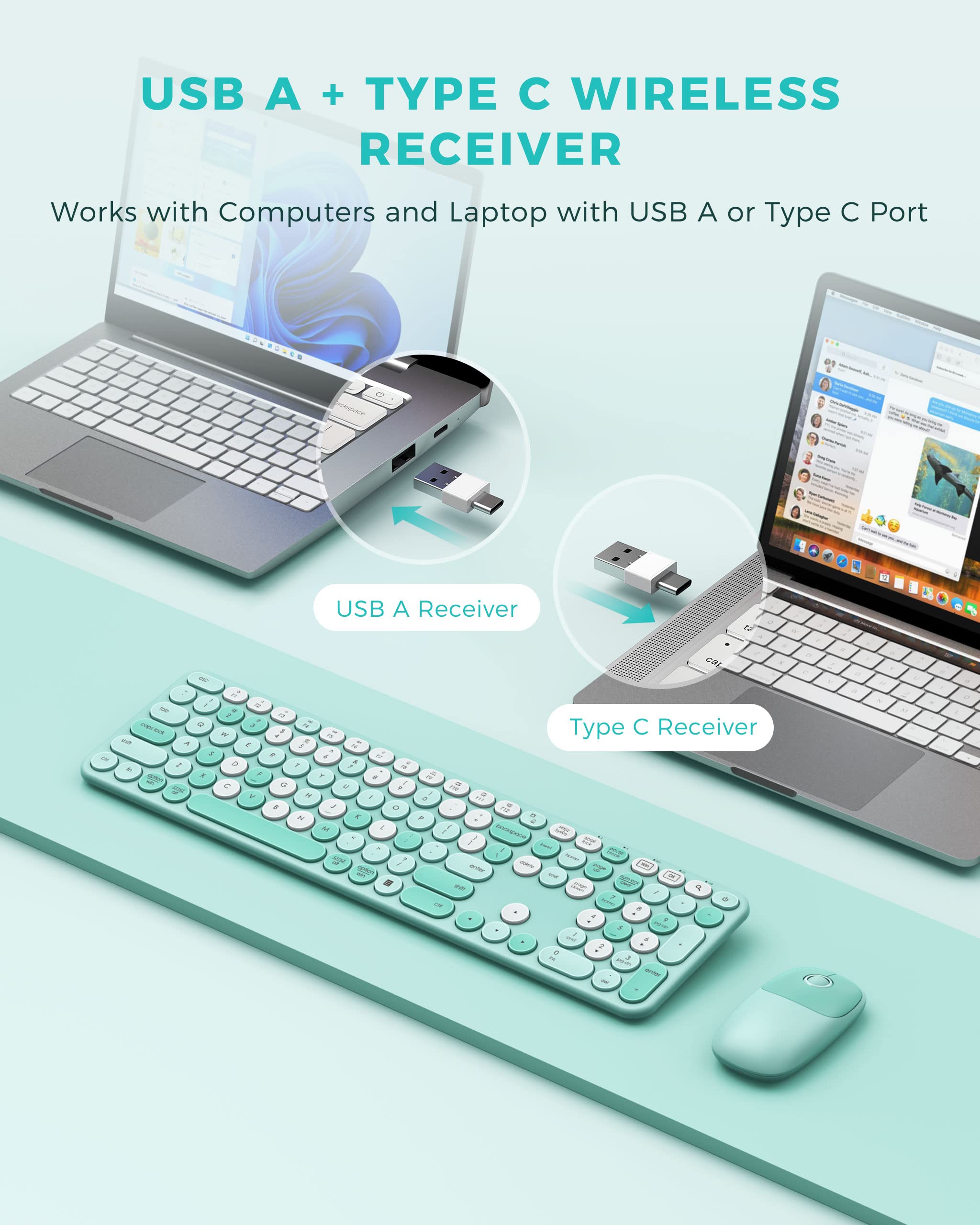 Peious Wireless Keyboard And Mouse Combo, Cute Colorful Keyboard & Mouse With Usb And Type C Receiver, Full Size Wireless Mouse