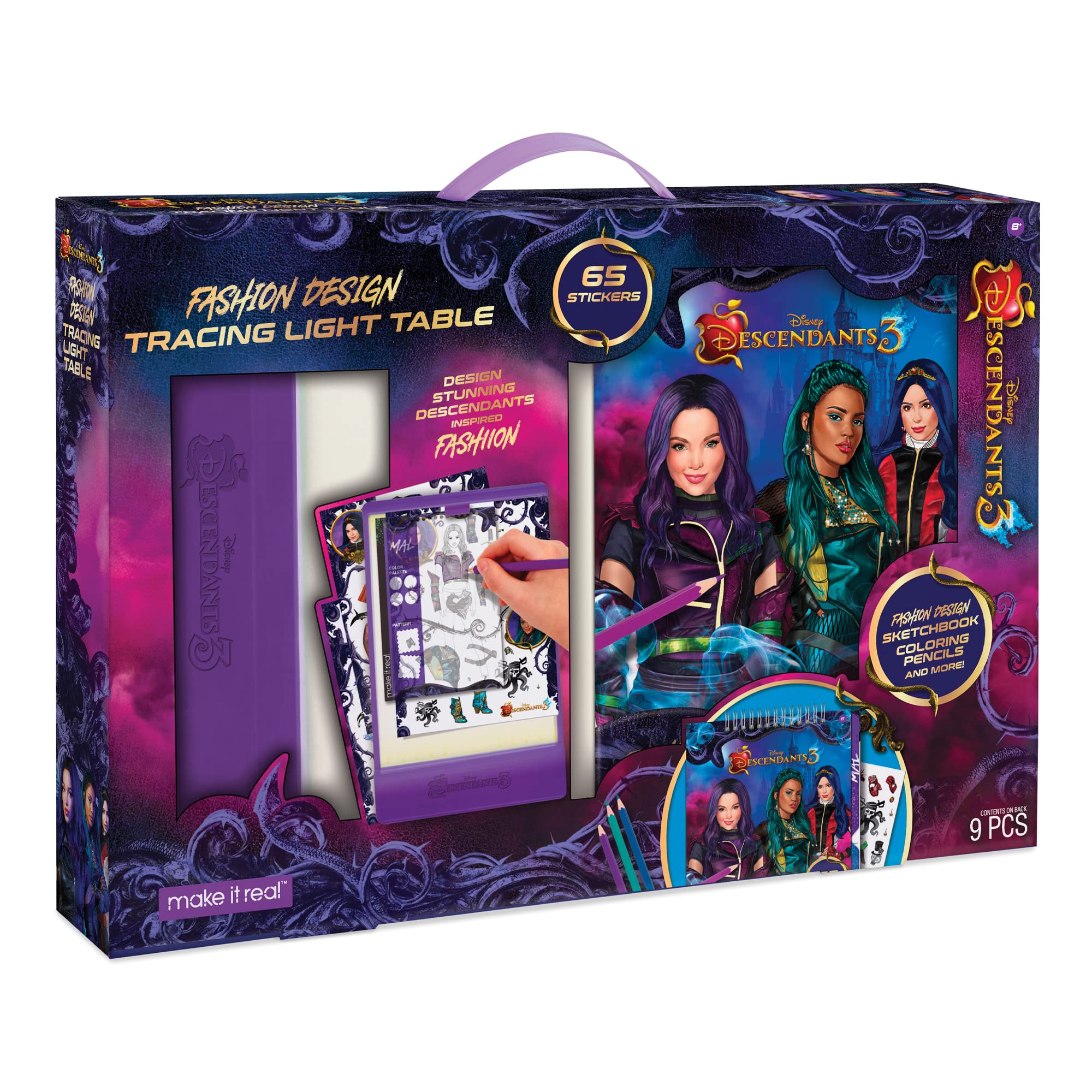 Make It Real Disney Descendants 3 Fashion Design Tracing Light Table For Girls   9 Piece Set With Sketchbook, Stickers, Tracing