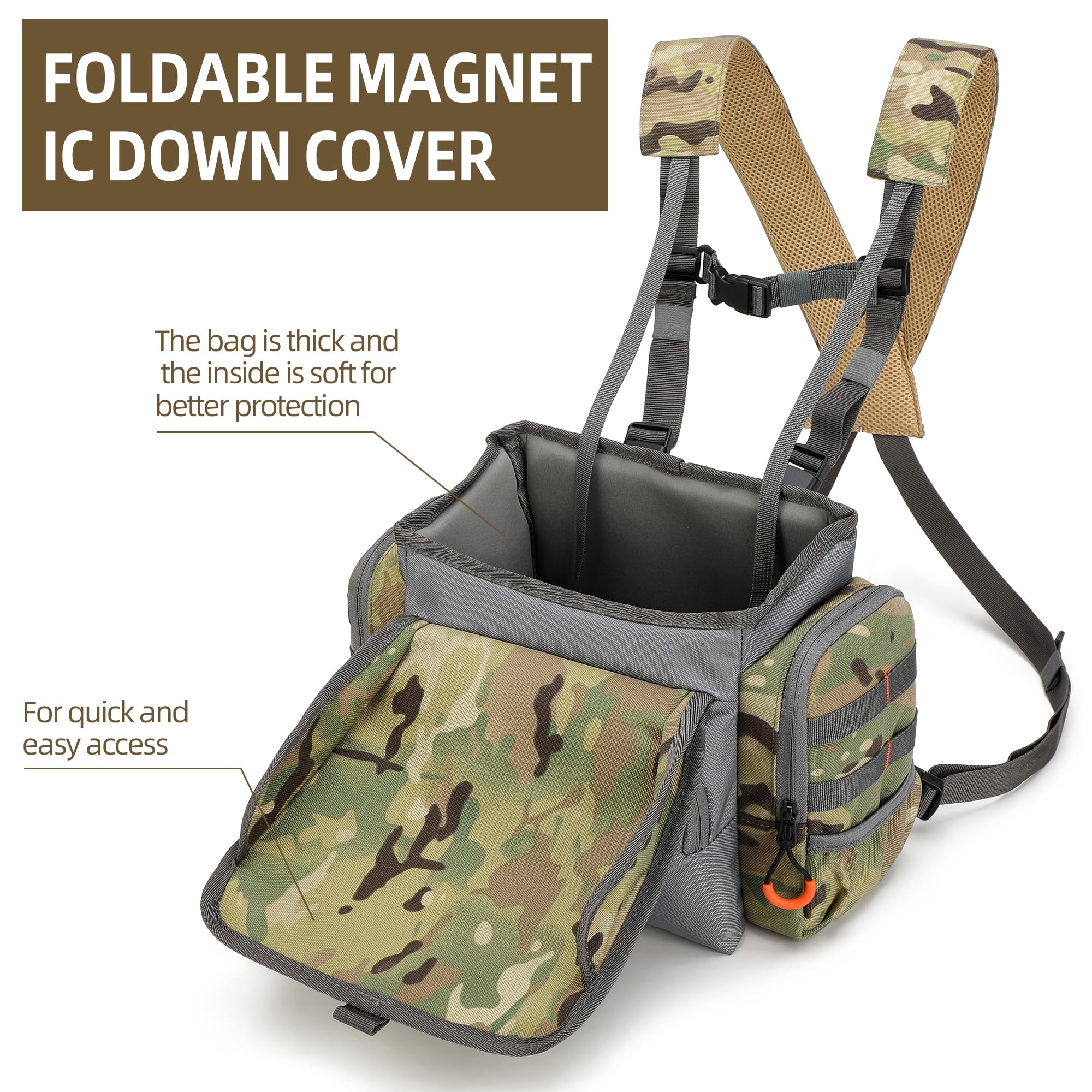 Turnway Binocular Harness Chest Pack Large Capacity, Adjustable Bino Case With Rangefinder Pocket, Rain Cover For Hunting (Camog